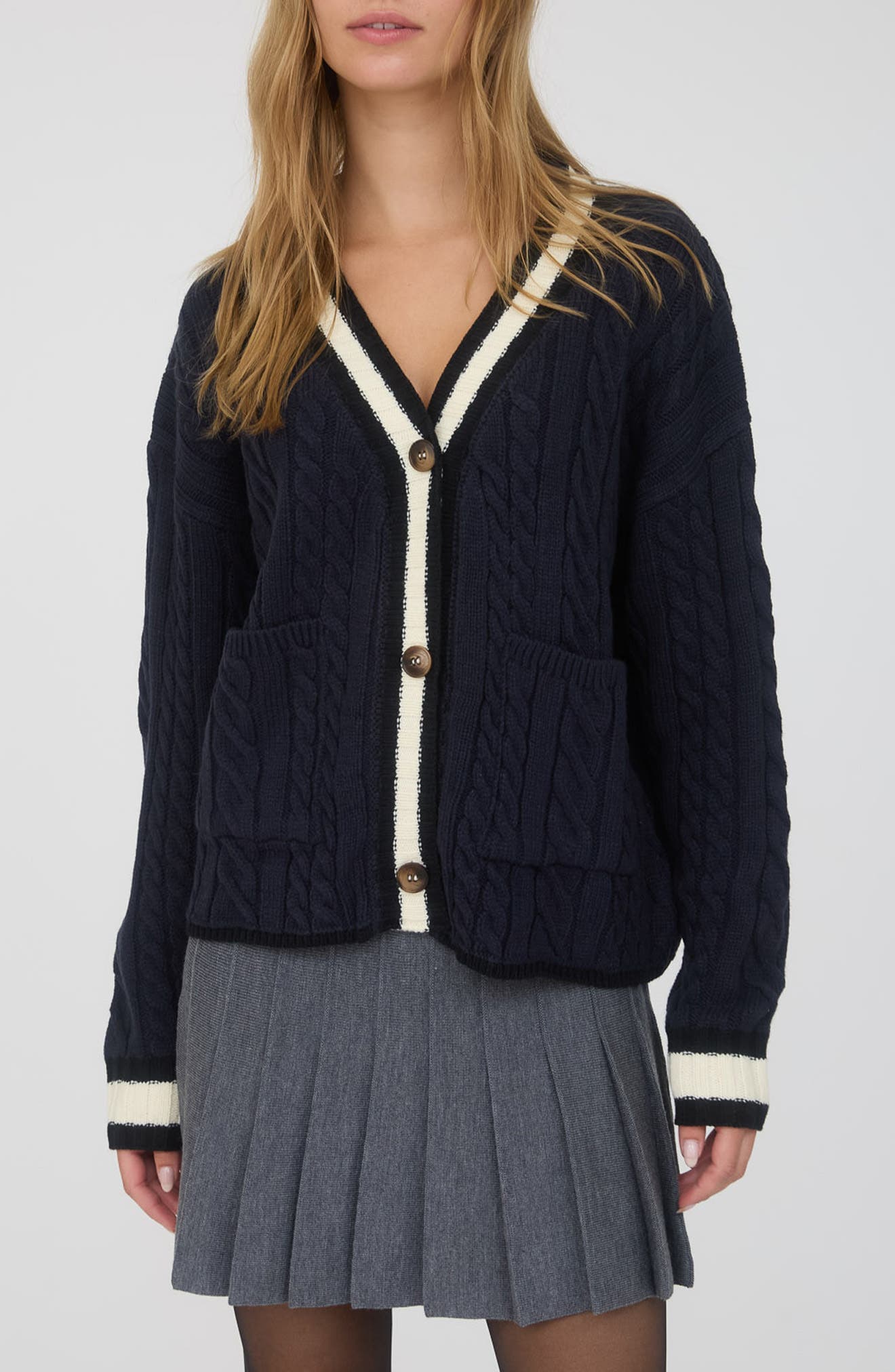 Stripe Trim Cable Stitch Cardigan - image 3