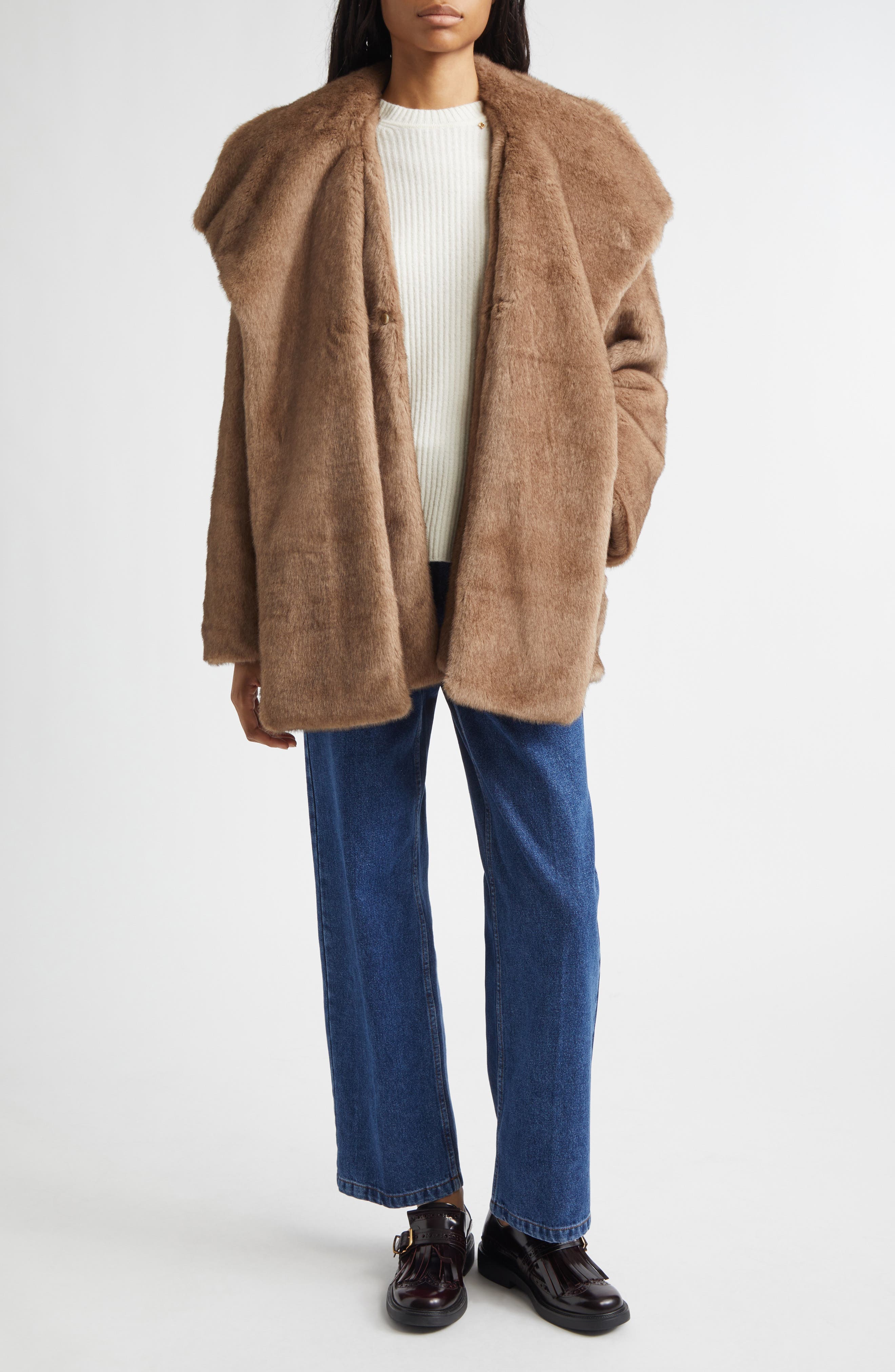 Shawl Collar Faux Fur Jacket with Scarf Detail - image 2