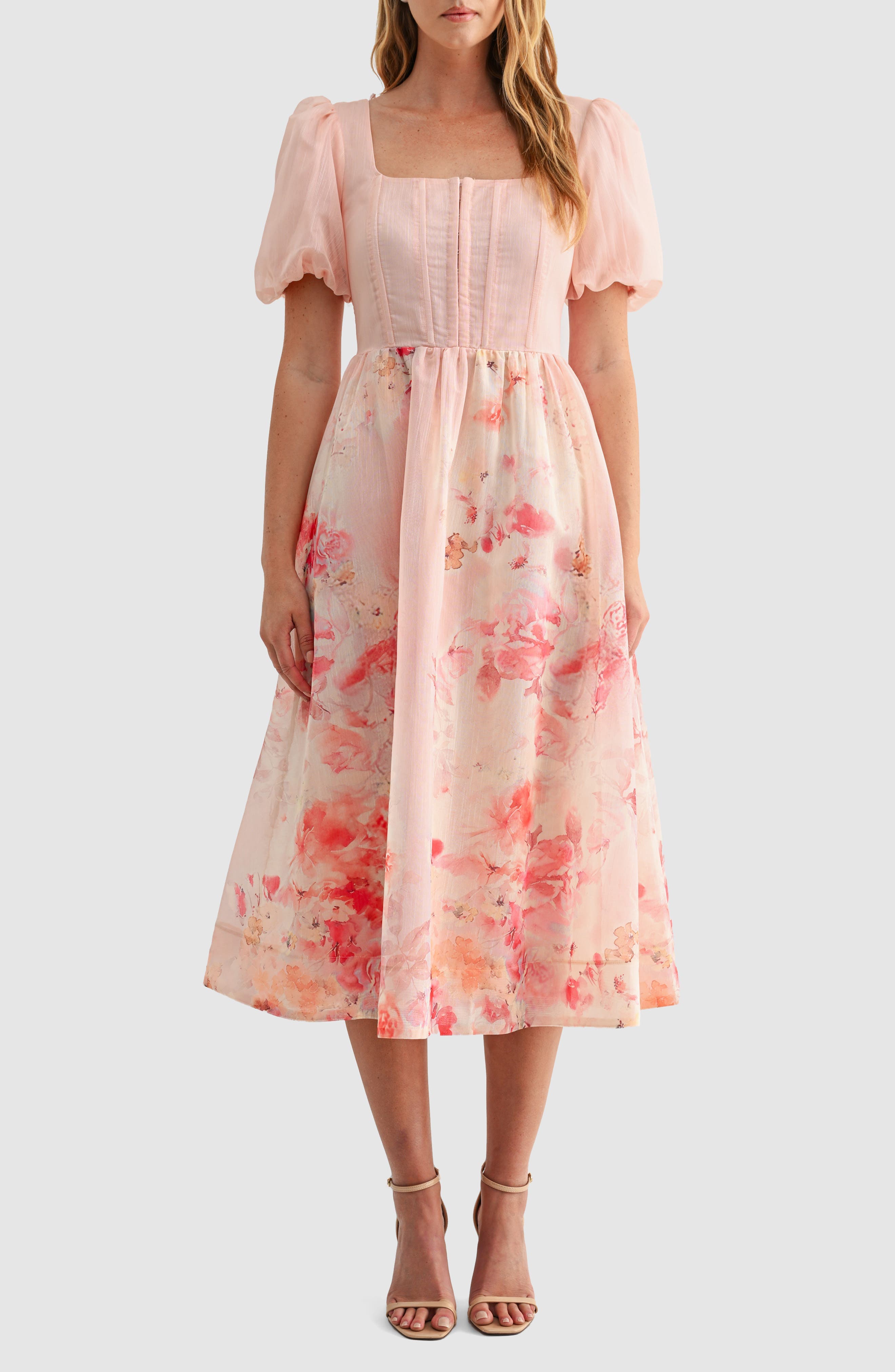 Puff Sleeve Chiffon Fit & Flare Midi Dress - image 1