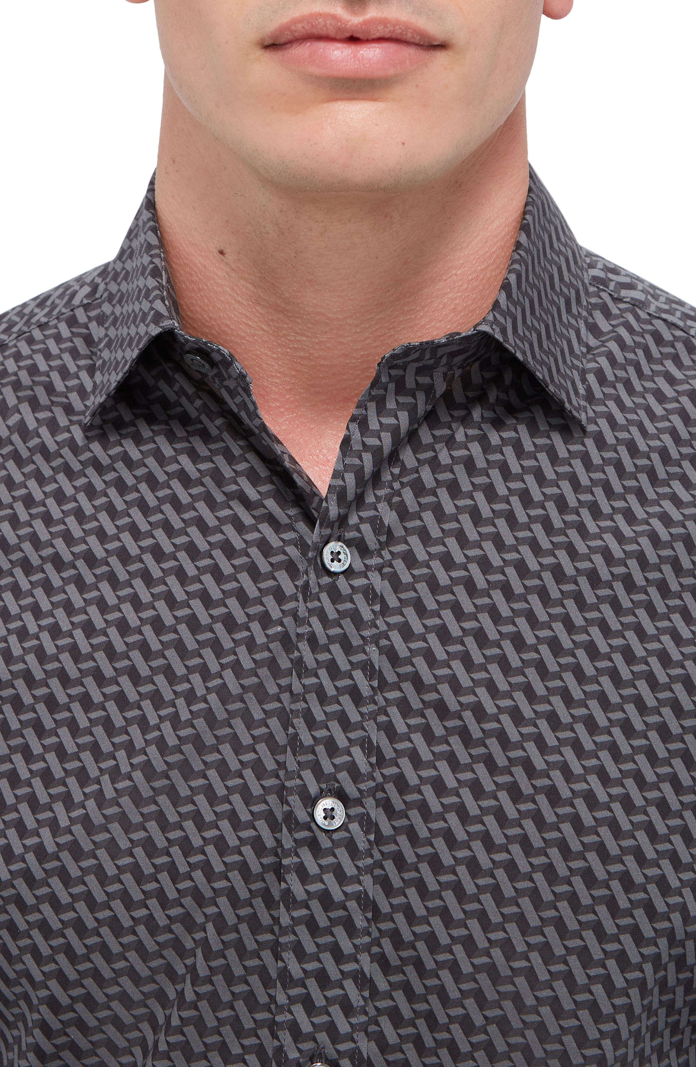 Axel Shaped Fit Basketweave Print Stretch Button-Up Shirt - image 2