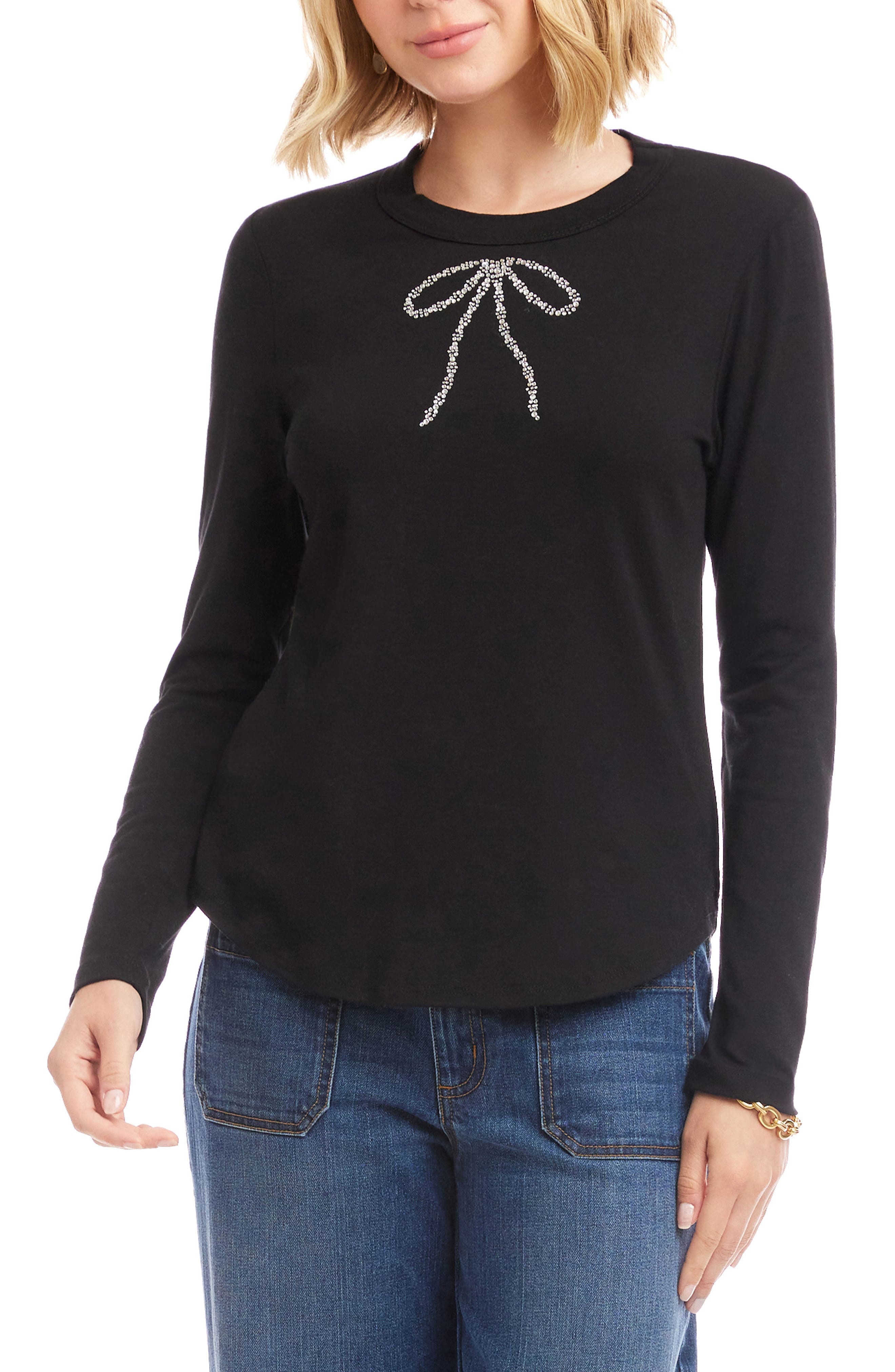 Embellished Rhinestone Bow Long Sleeve T-Shirt - image 1