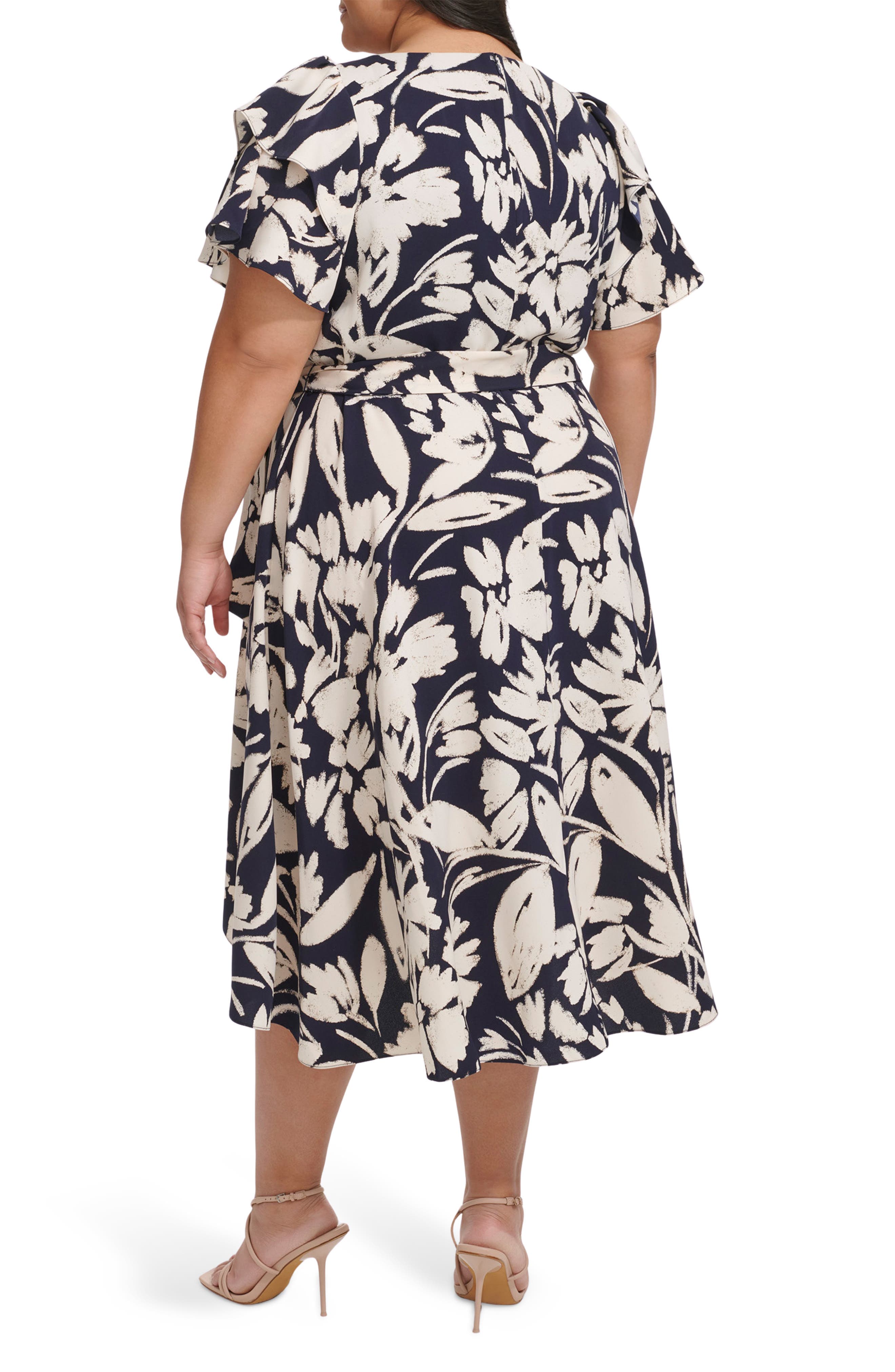Double Flutter Sleeve Faux Wrap Dress - image 2