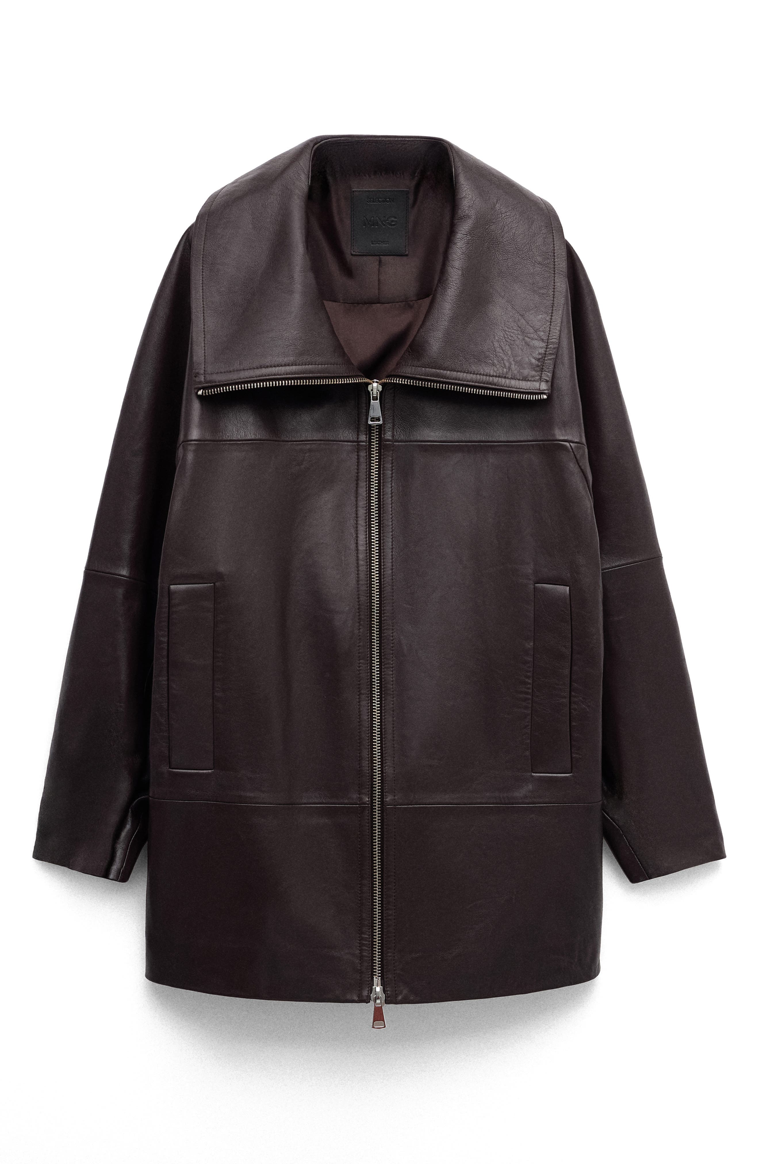 Oversize Funnel Neck Leather Coat - image 1