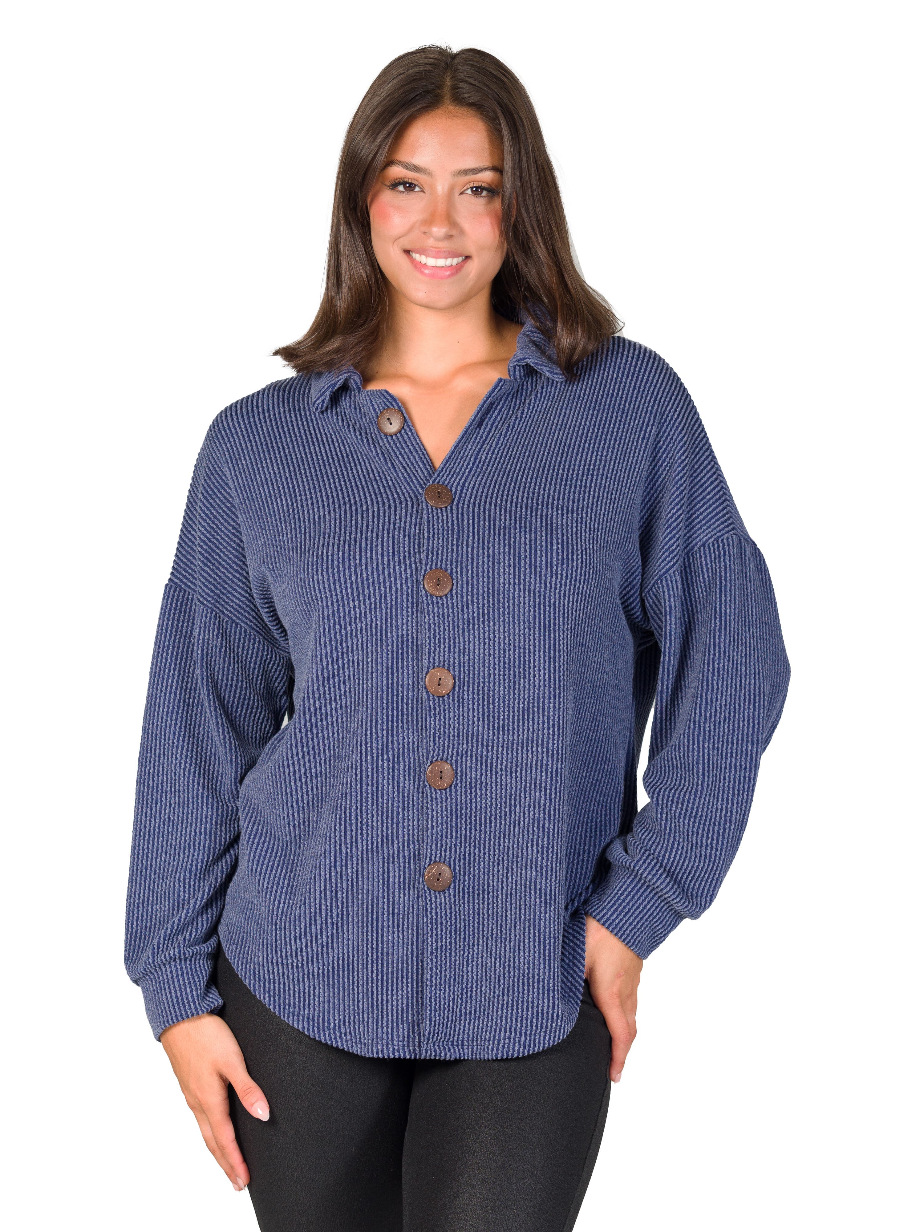 Ribbed Button Up Long Sleeve Collared Shirt Jacket - image 5