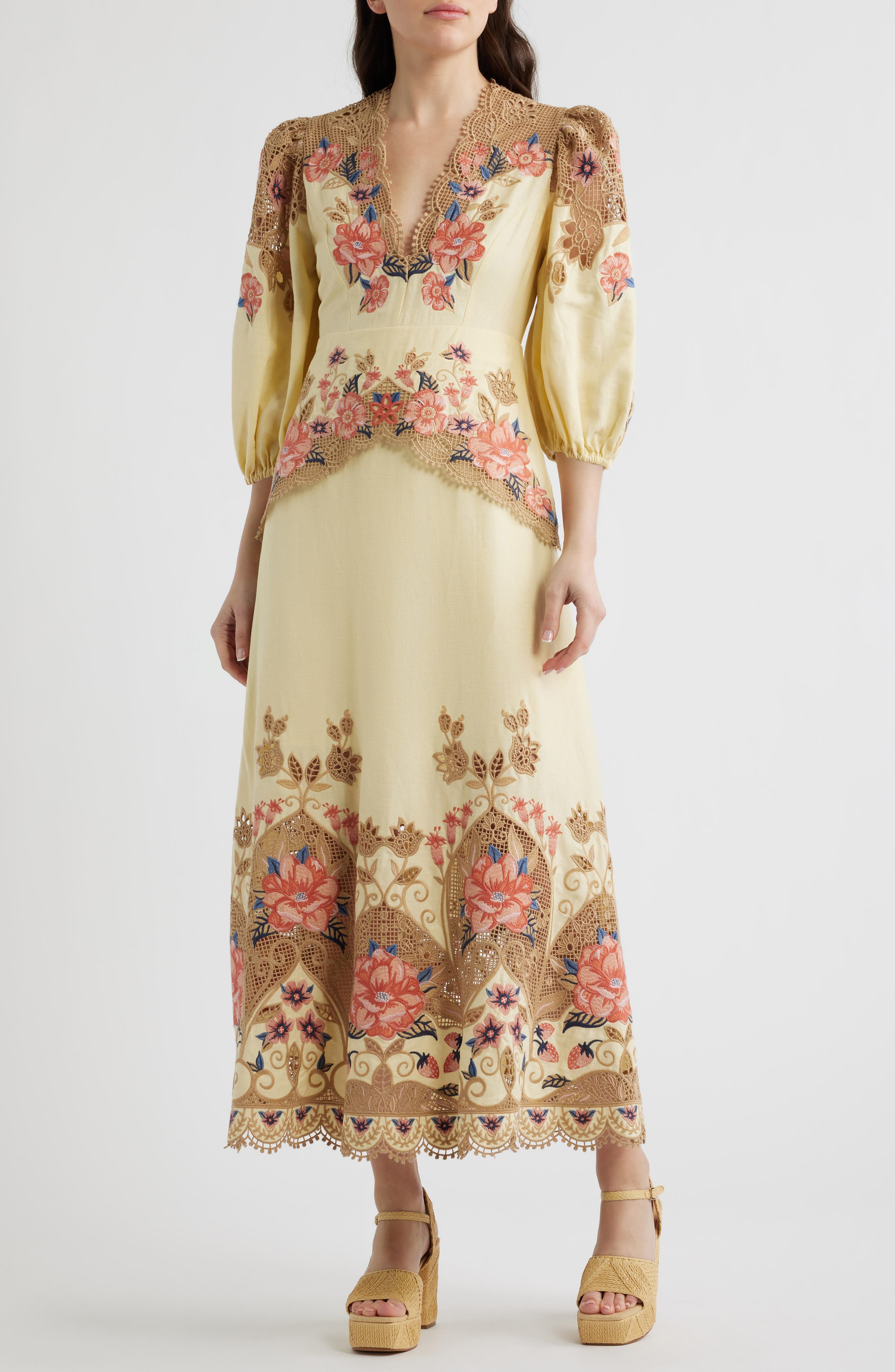 Embroidered Lace Linen Blend Midi Dress - image 1