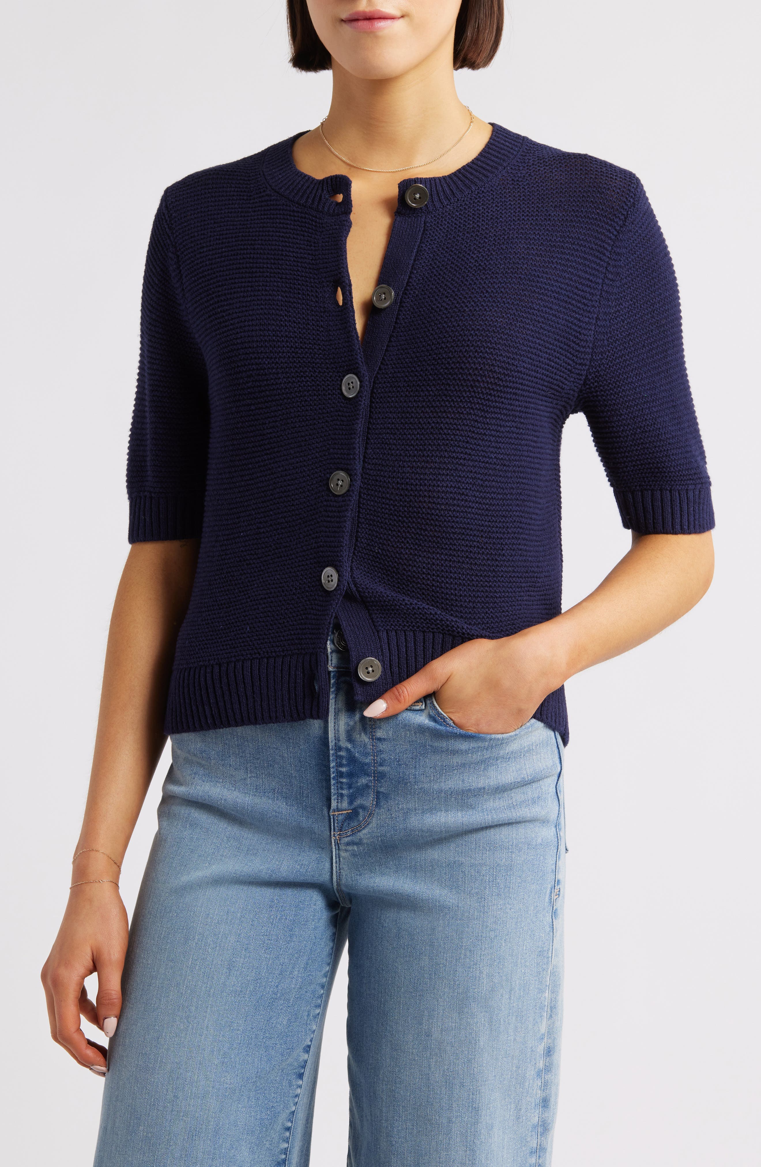 Elle Elbow Sleeve Linen & Cotton Button-Up Sweater - image 1