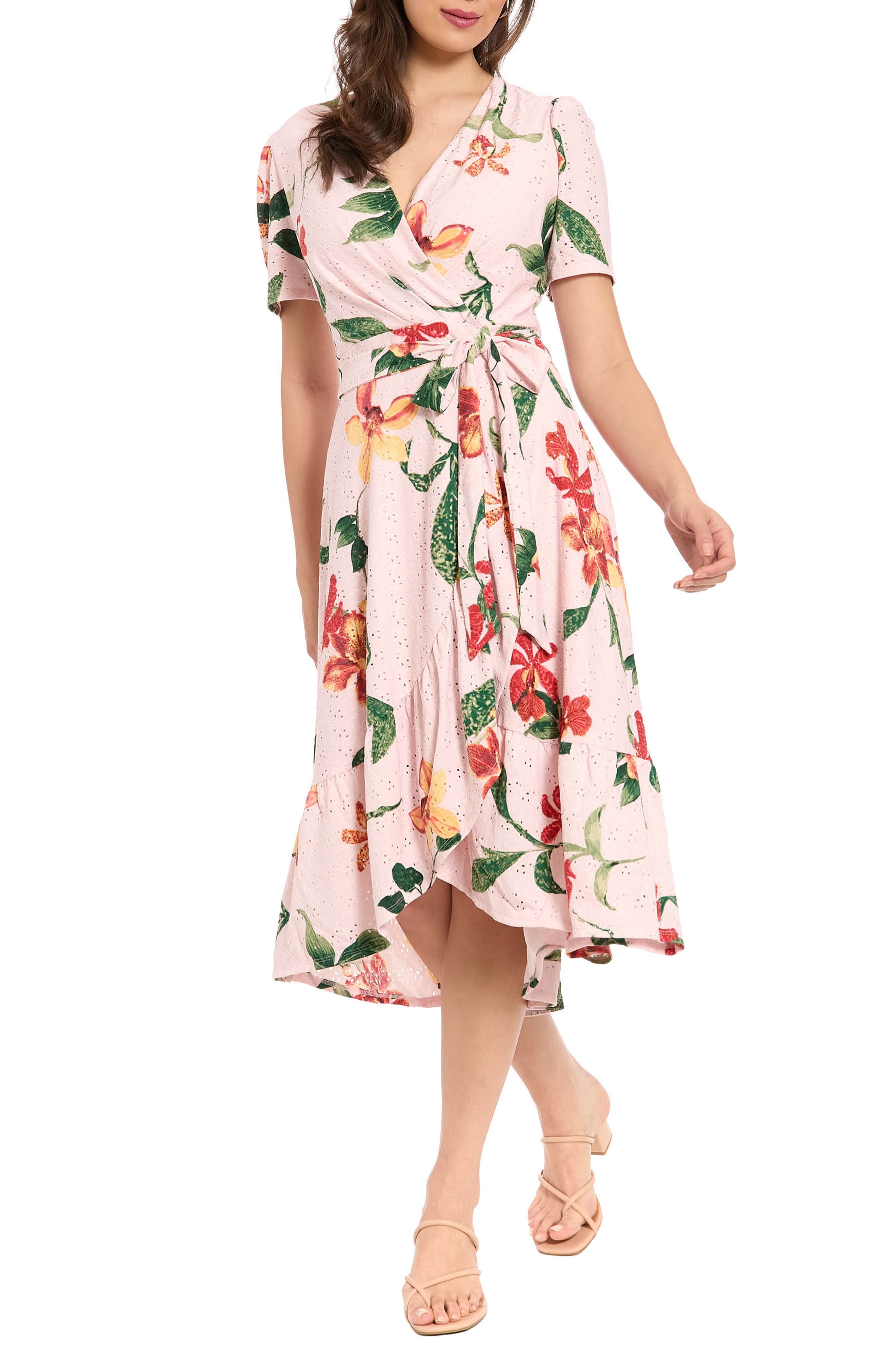 Floral Eyelet Short Sleeve Faux Wrap Dress - image 1