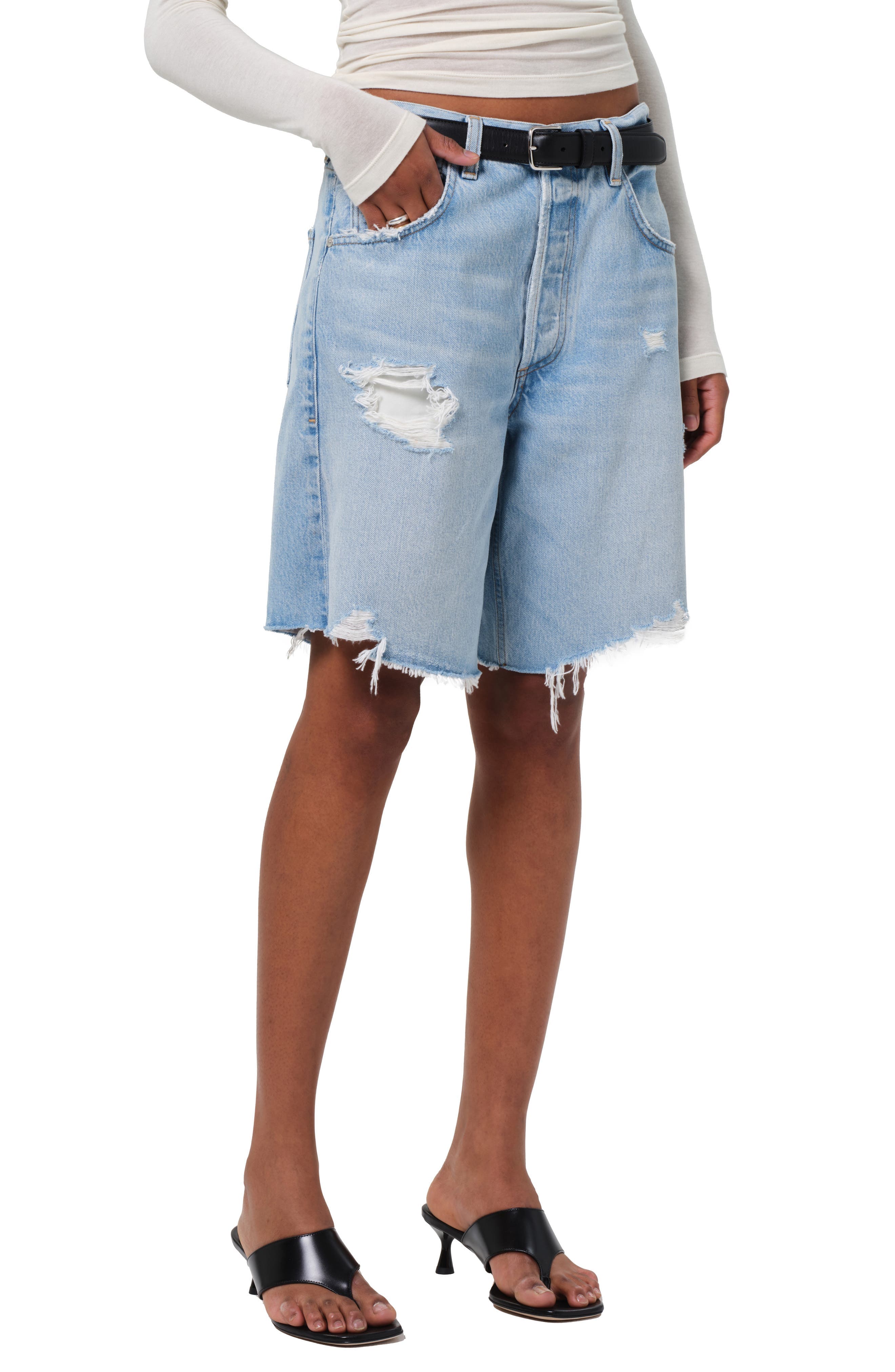 Ayla Frayed Baggy Long Denim Shorts - image 1
