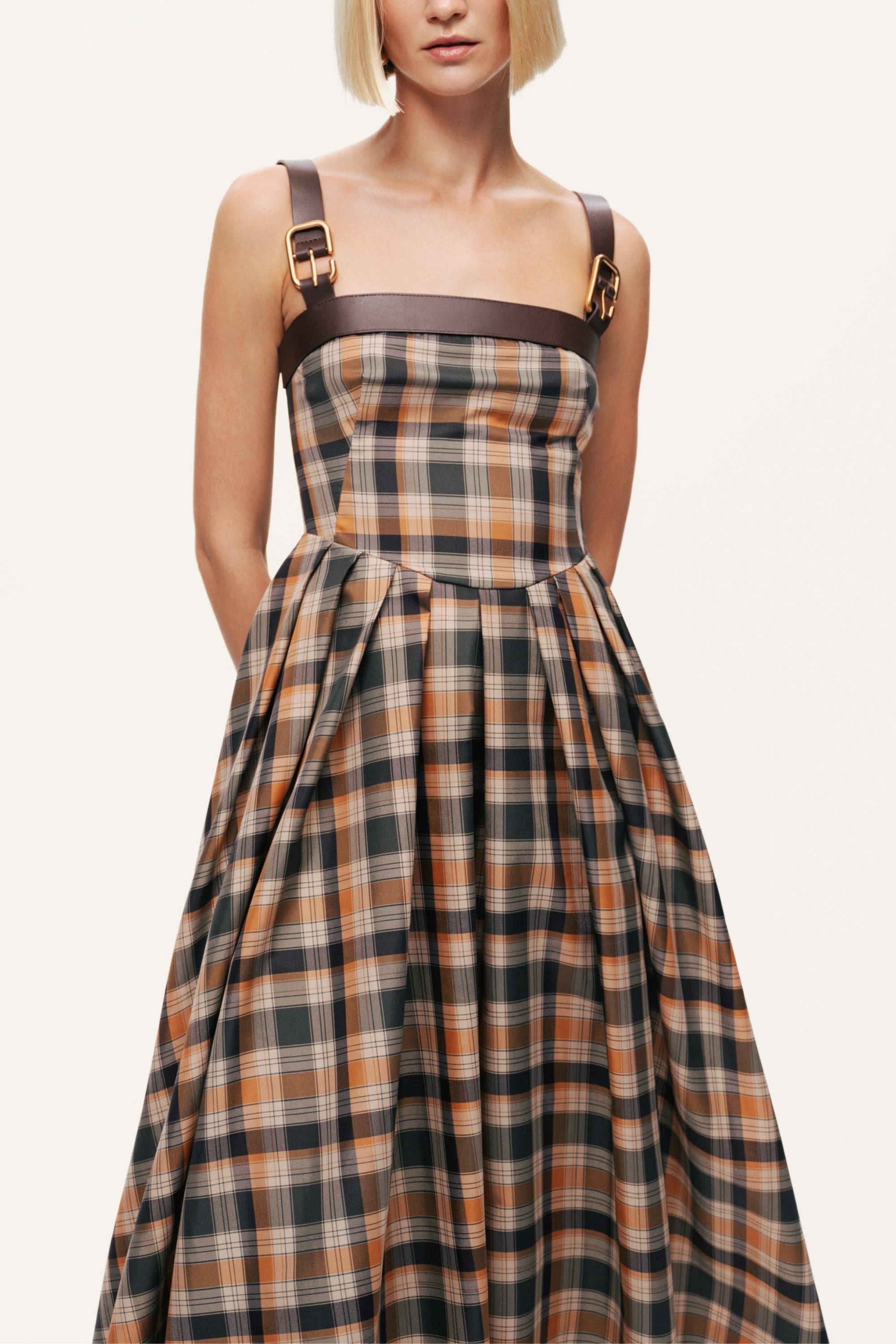 Plaid Pleated Maxi Dress with Faux Leather Belt - image 2