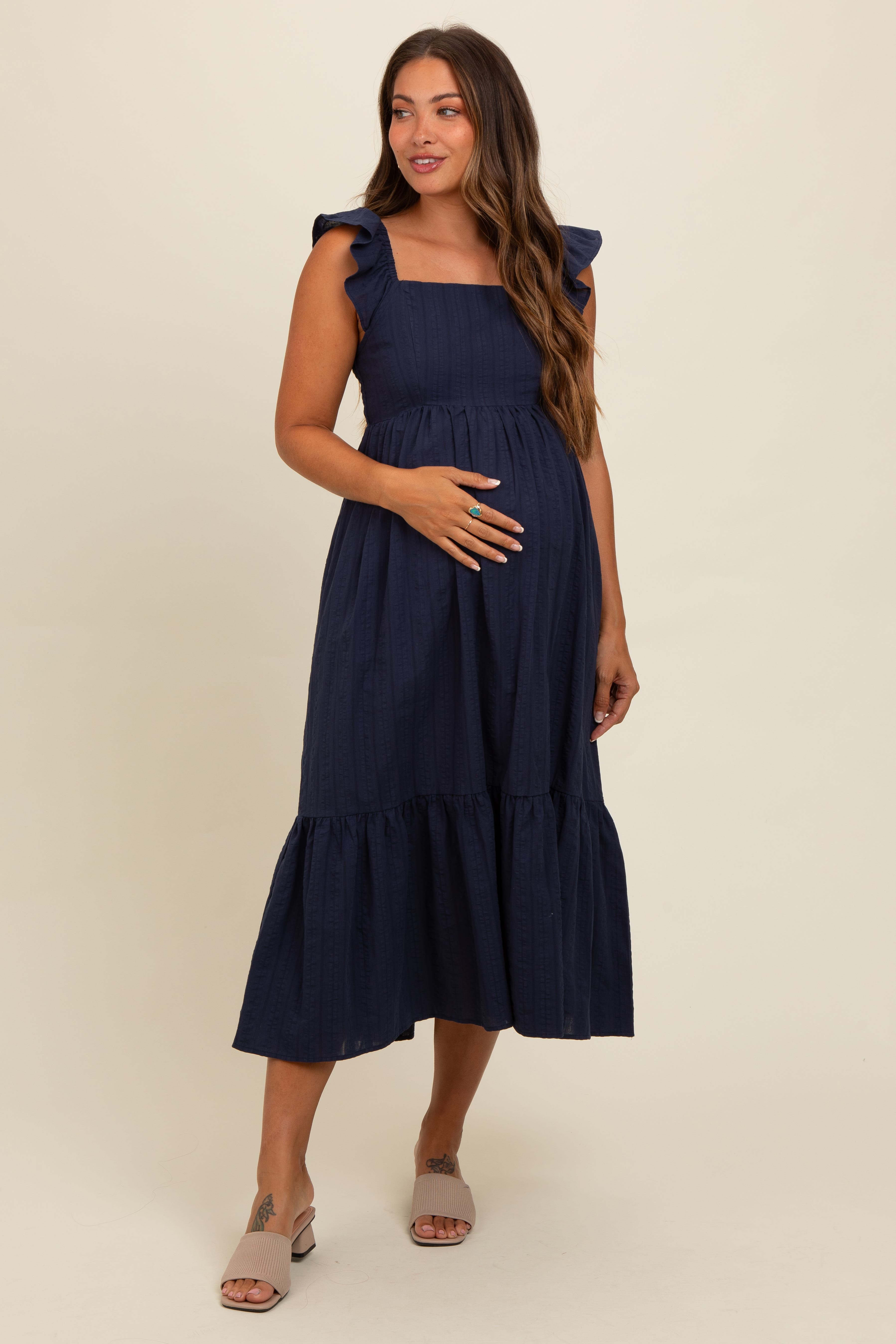 Textured Cotton Ruffle Strap Midi Dress - image 1