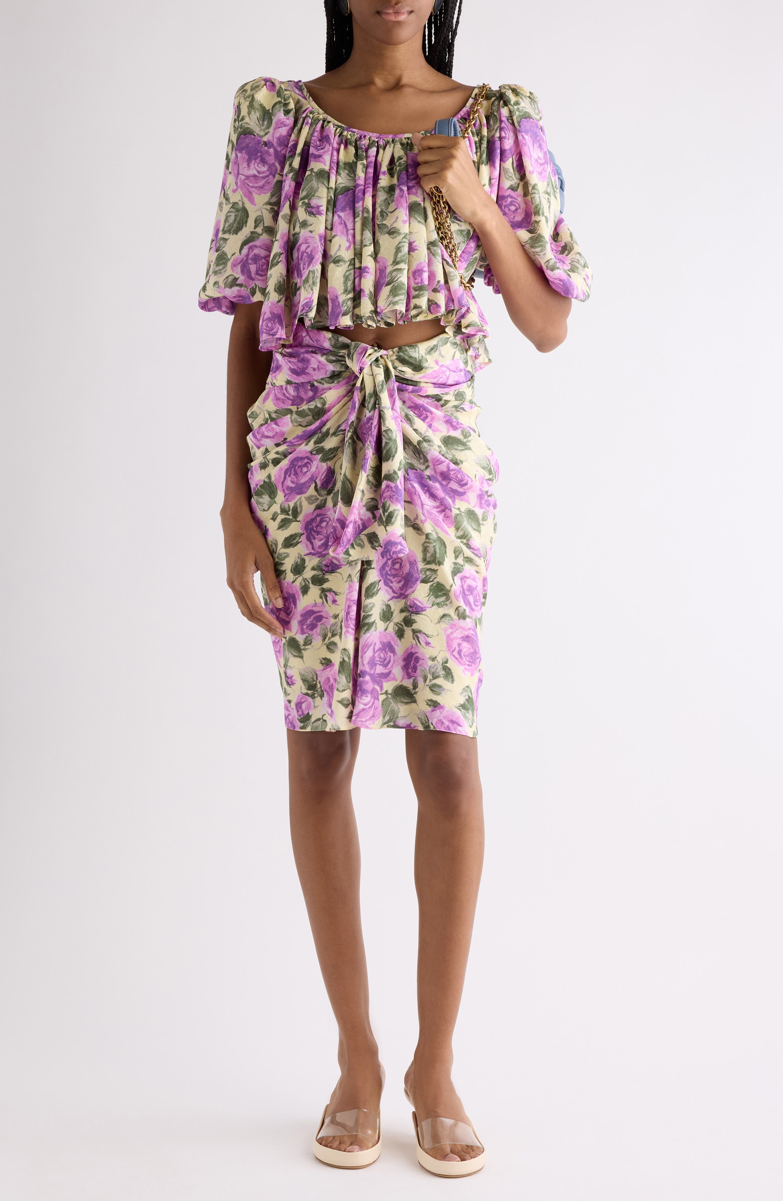 Rose Print Gathered Silk Satin Skirt - image 2