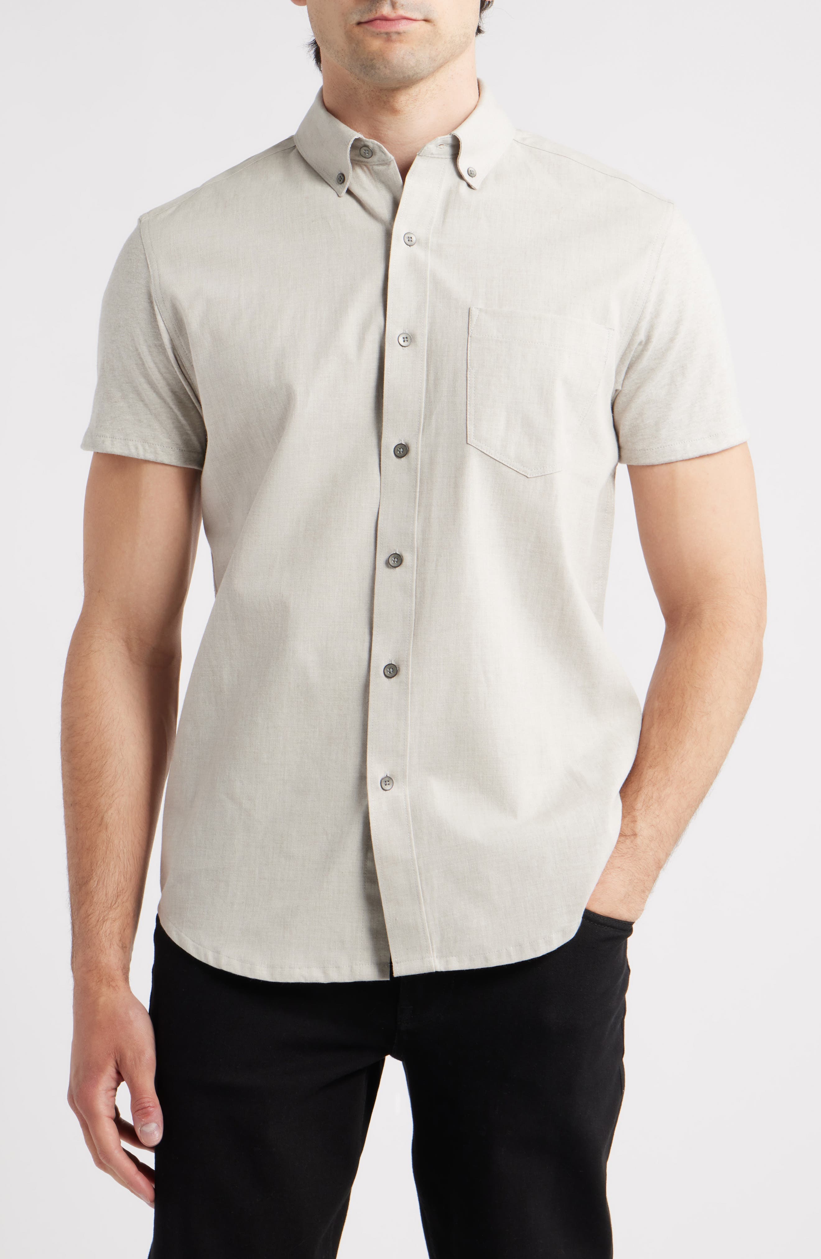 Reworked Slim Fit Solid Short Sleeve Cotton Button-Down Shirt - image 3