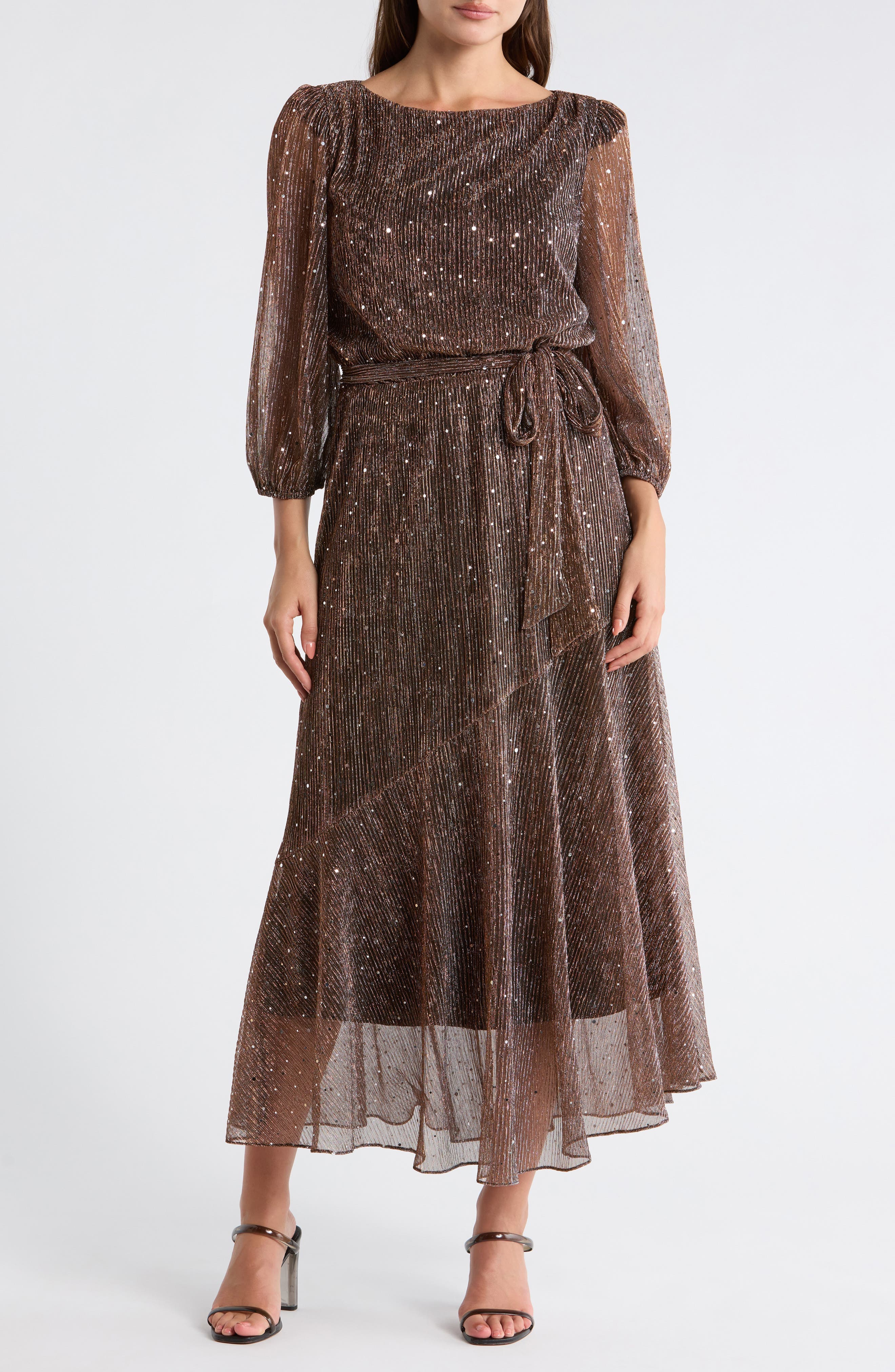Balloon Sleeve Metallic Plisse Midi Dress - image 1