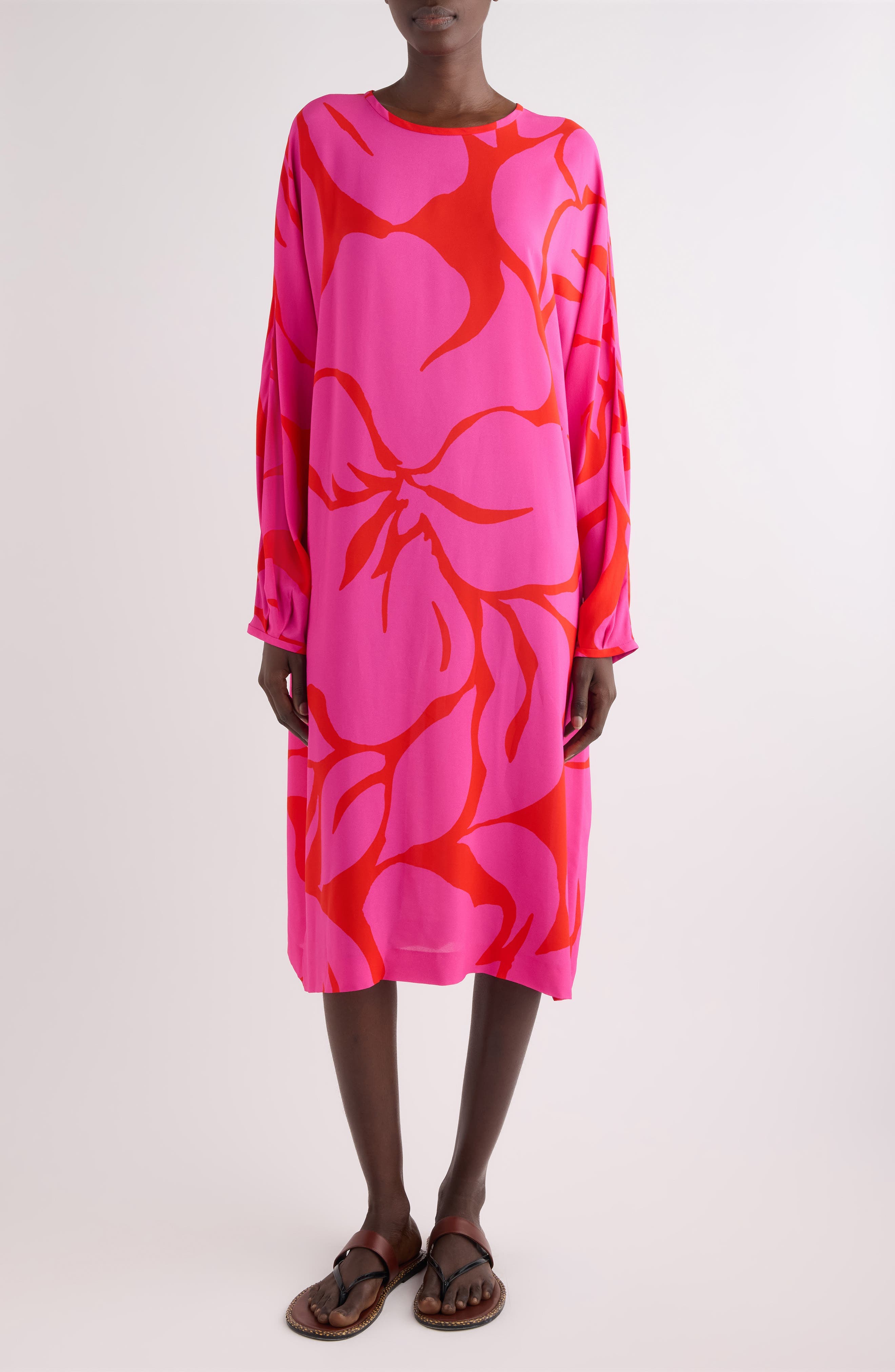 Dosta Giant Floral Print Long Sleeve Crepe Midi Dress - image 1