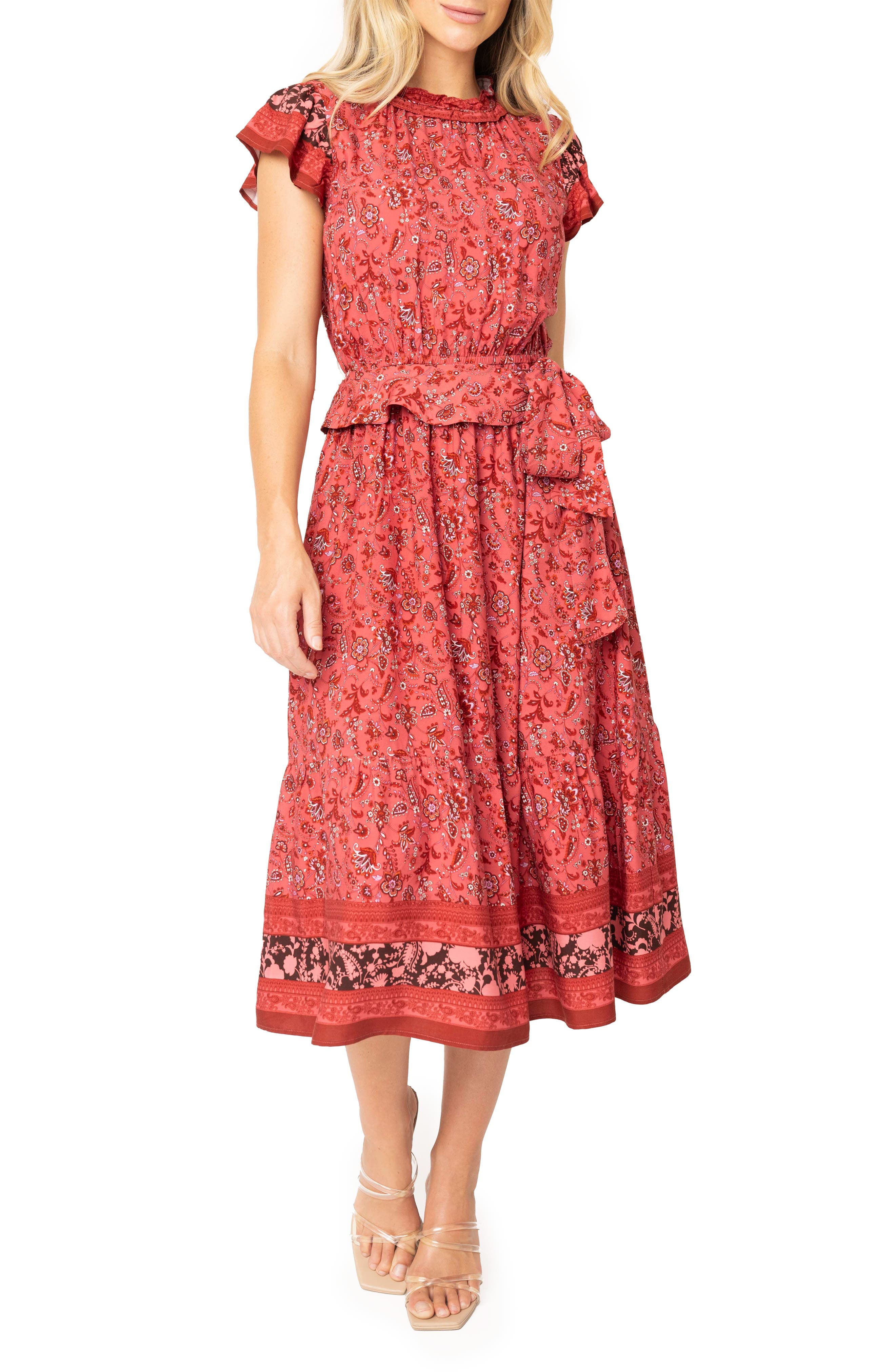 Harvest Moon Floral Paisley Side Bow Midi Dress - image 1