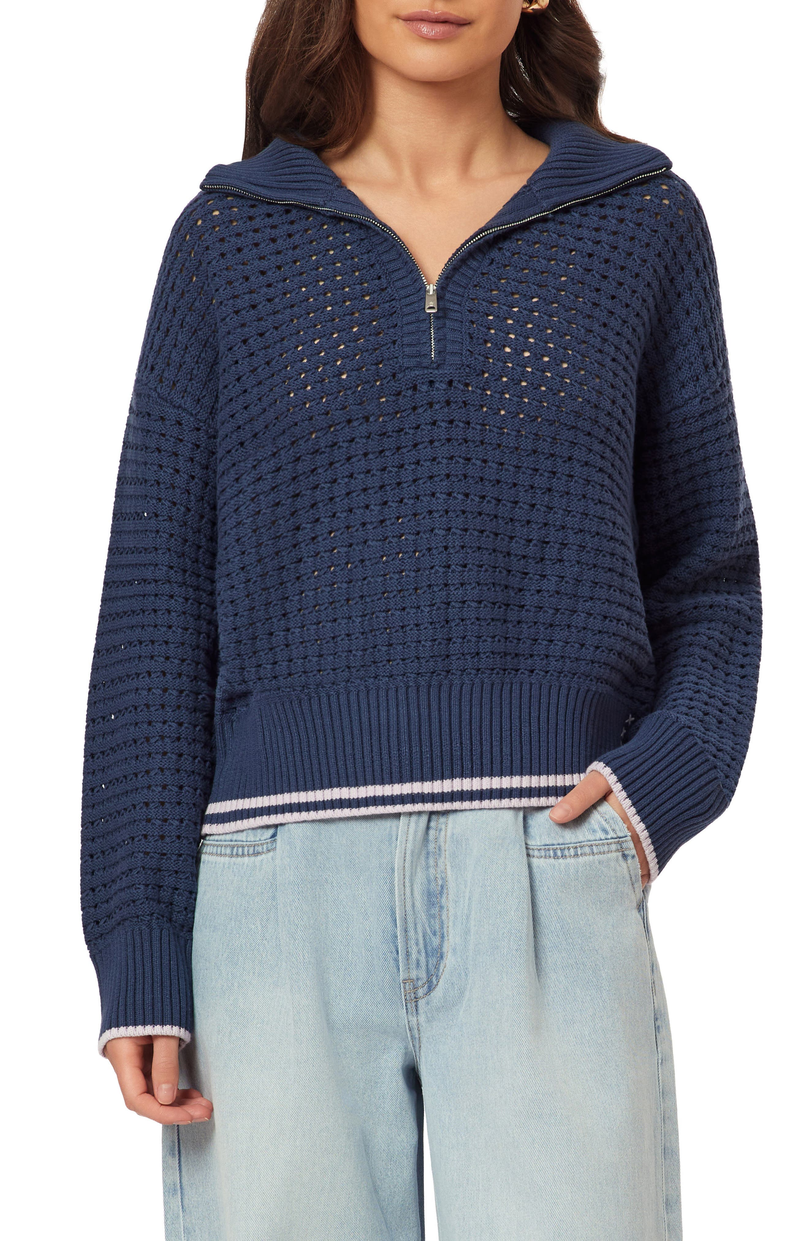 3/4 Zip Pointelle Pullover Sweater - image 1