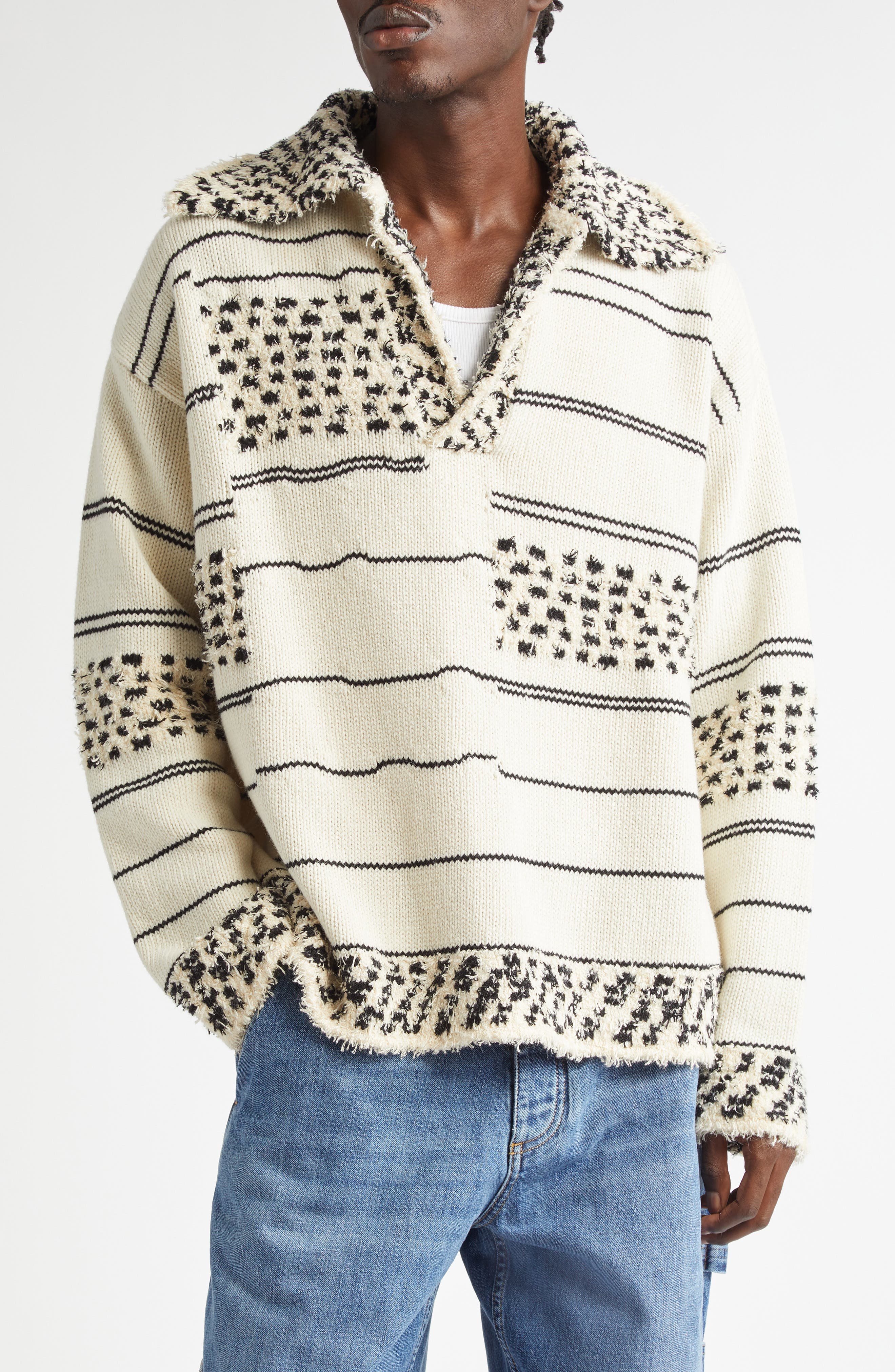 Mixed Knit Cotton & Wool Polo Sweater - image 1