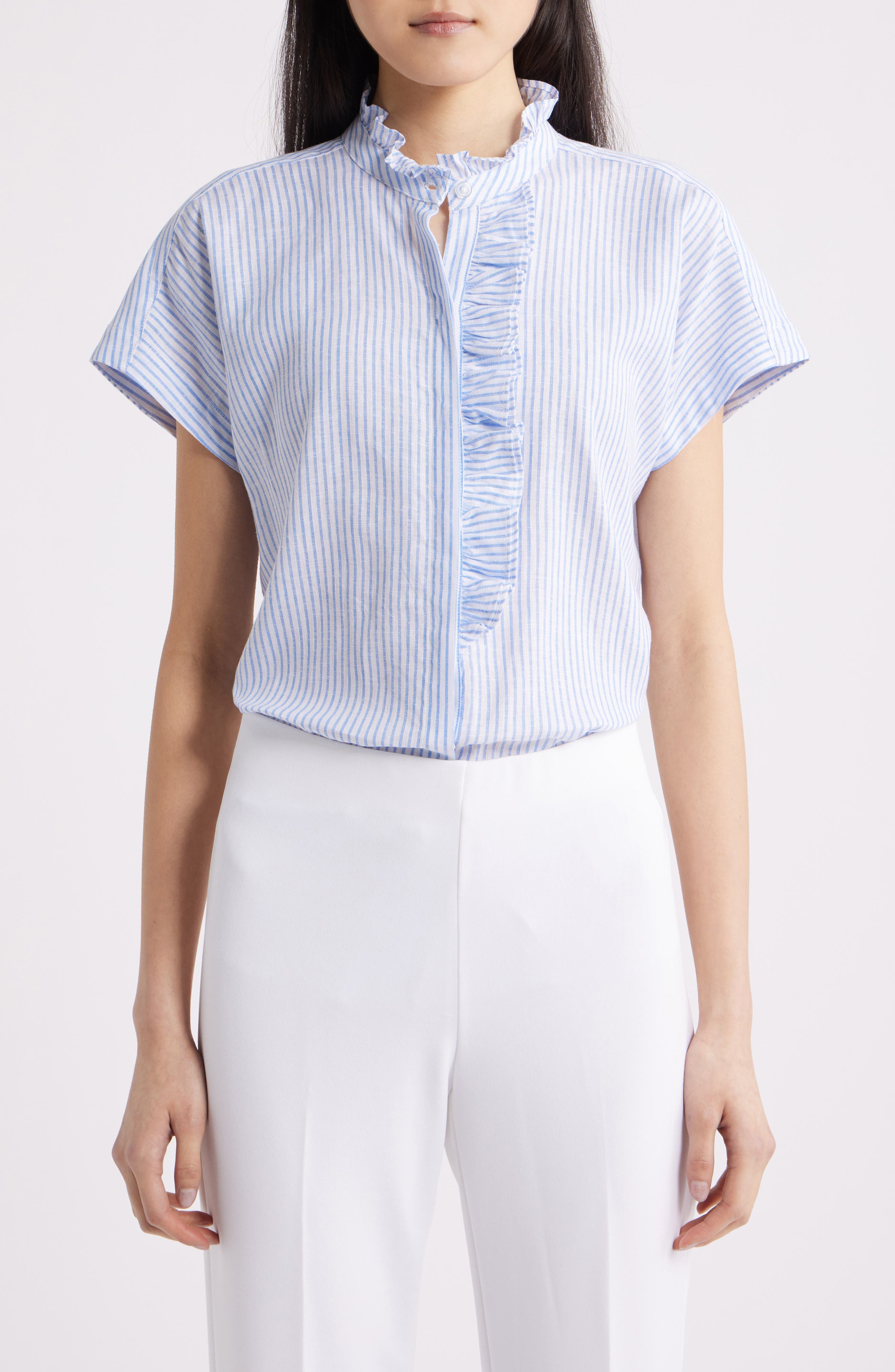Pinstripe Ruffle Trim Linen Blend Button-Up Top - image 1