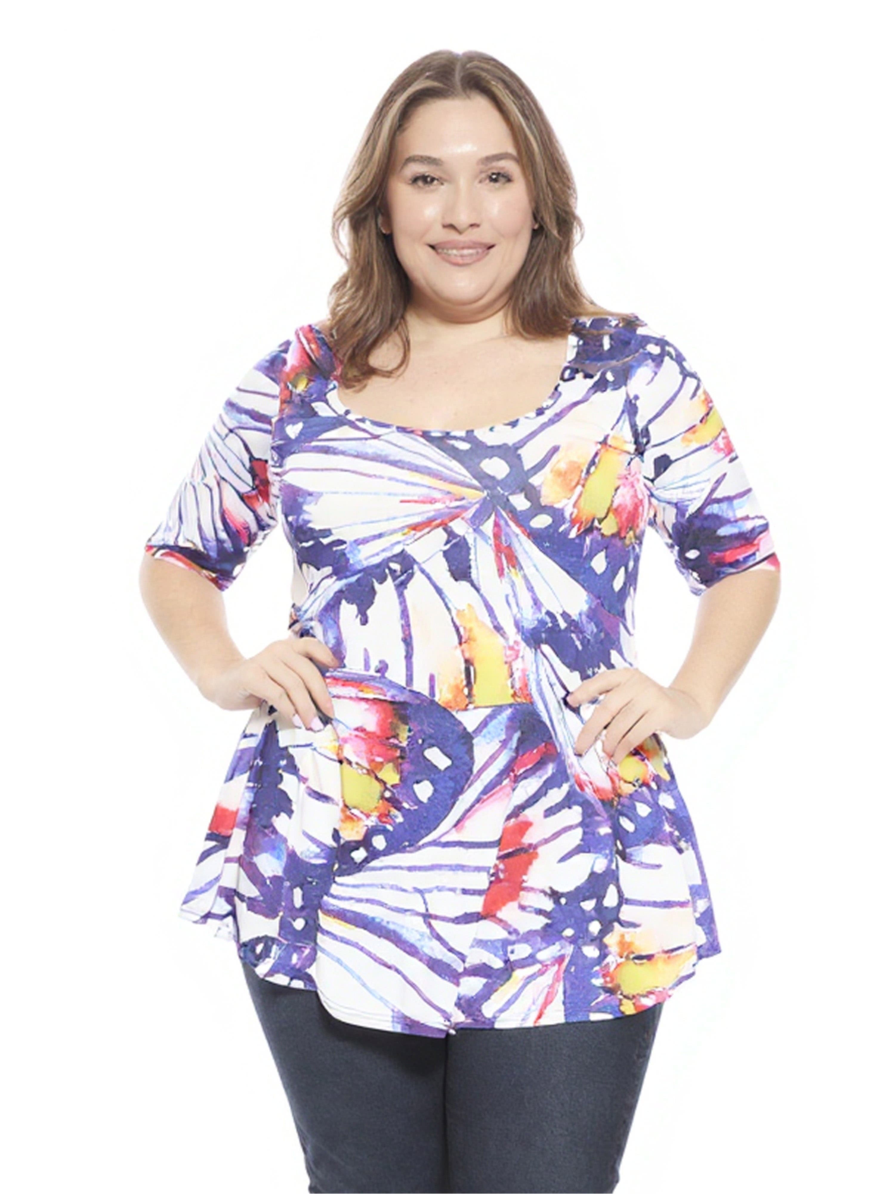 Plus Size Butterfly Scoop Neck Elbow Sleeve Tunic Top - image 1