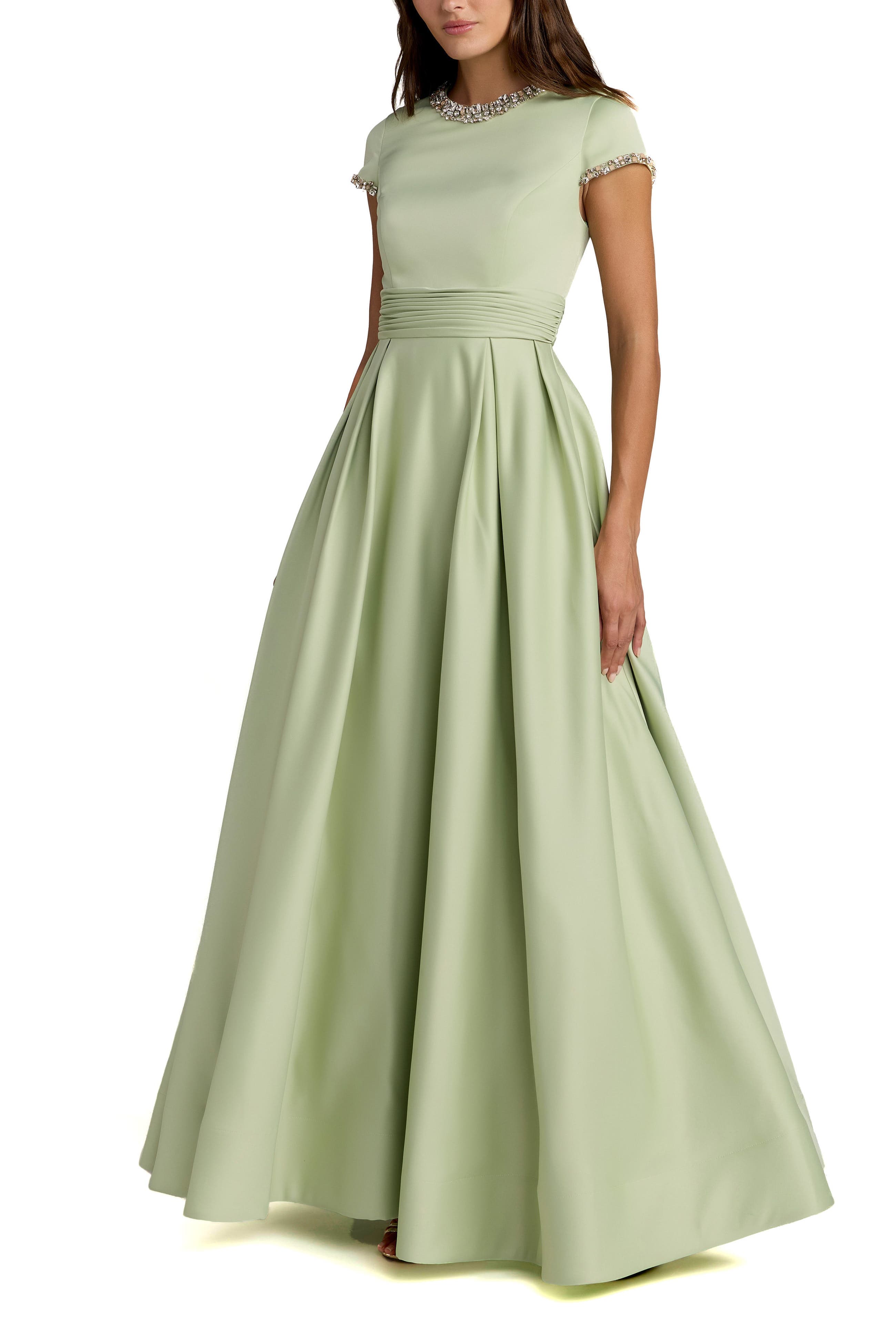 Petite Embellished Satin Cap Sleeve Ball Gown - image 1