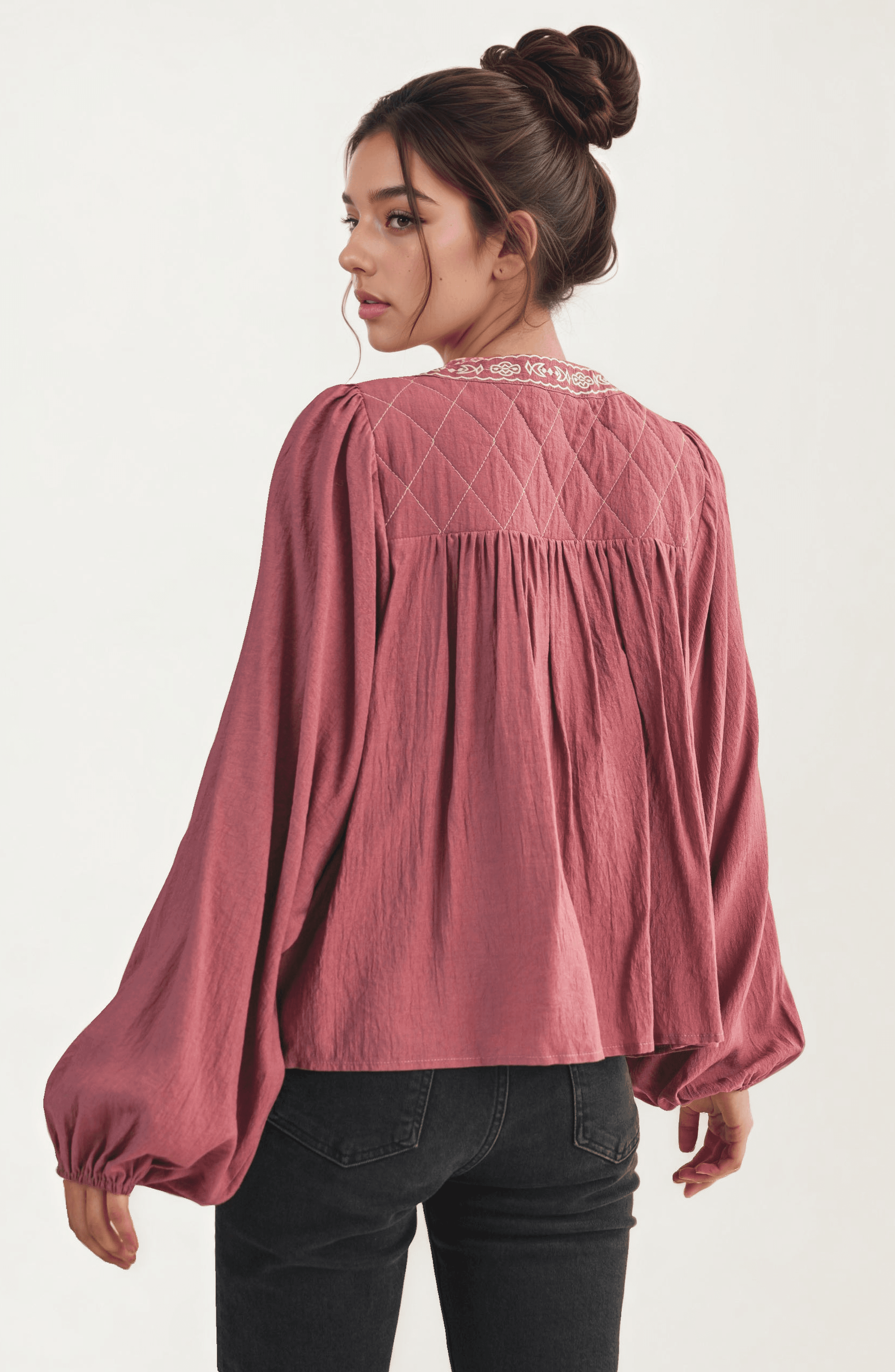 Embroidered Yoke Tie Neckline Flowy Long Sleeve Blouse - image 2