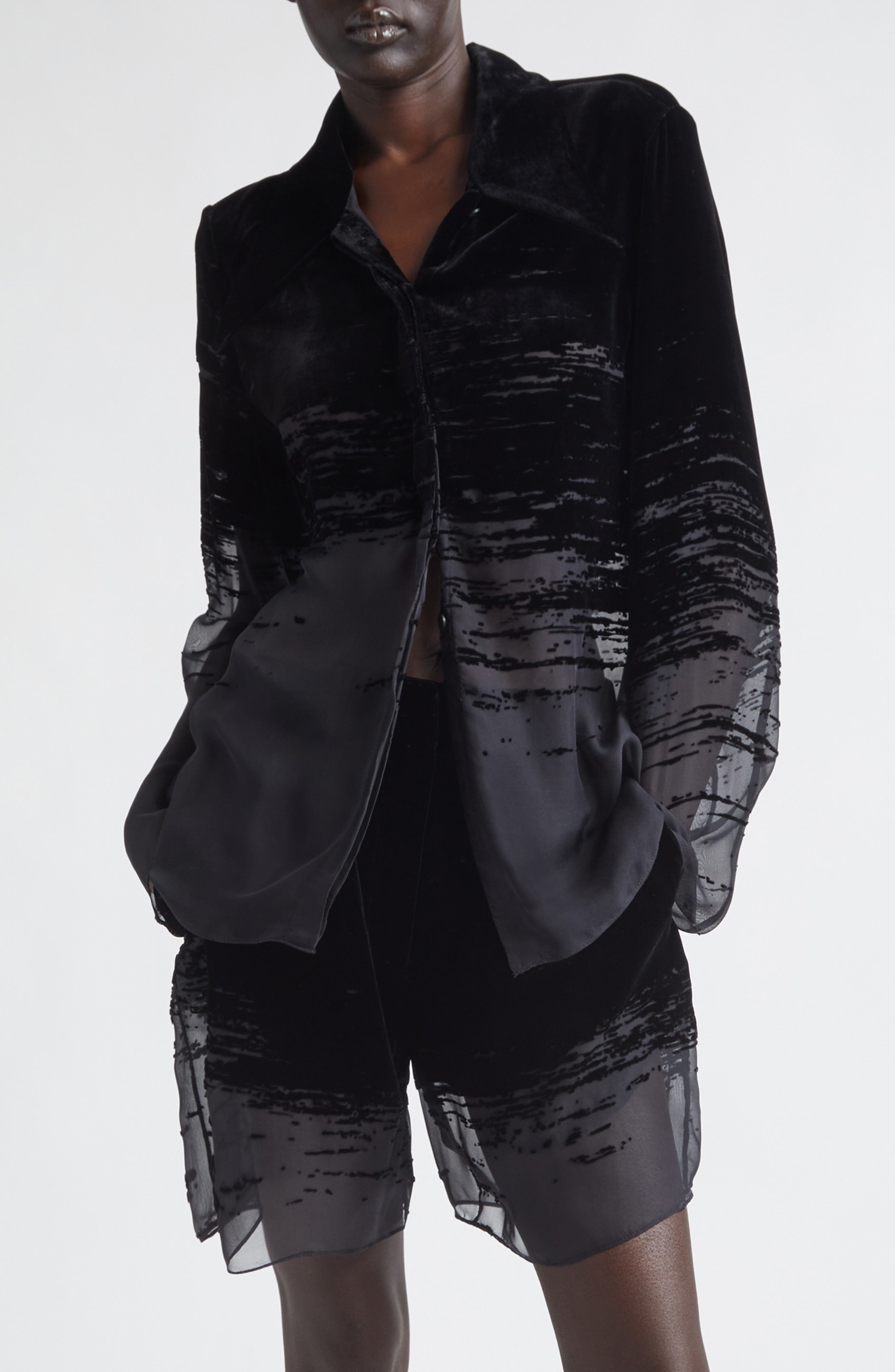 Glitch Devore Velvet & Sheer Chiffon Button-Up Shirt - image 1