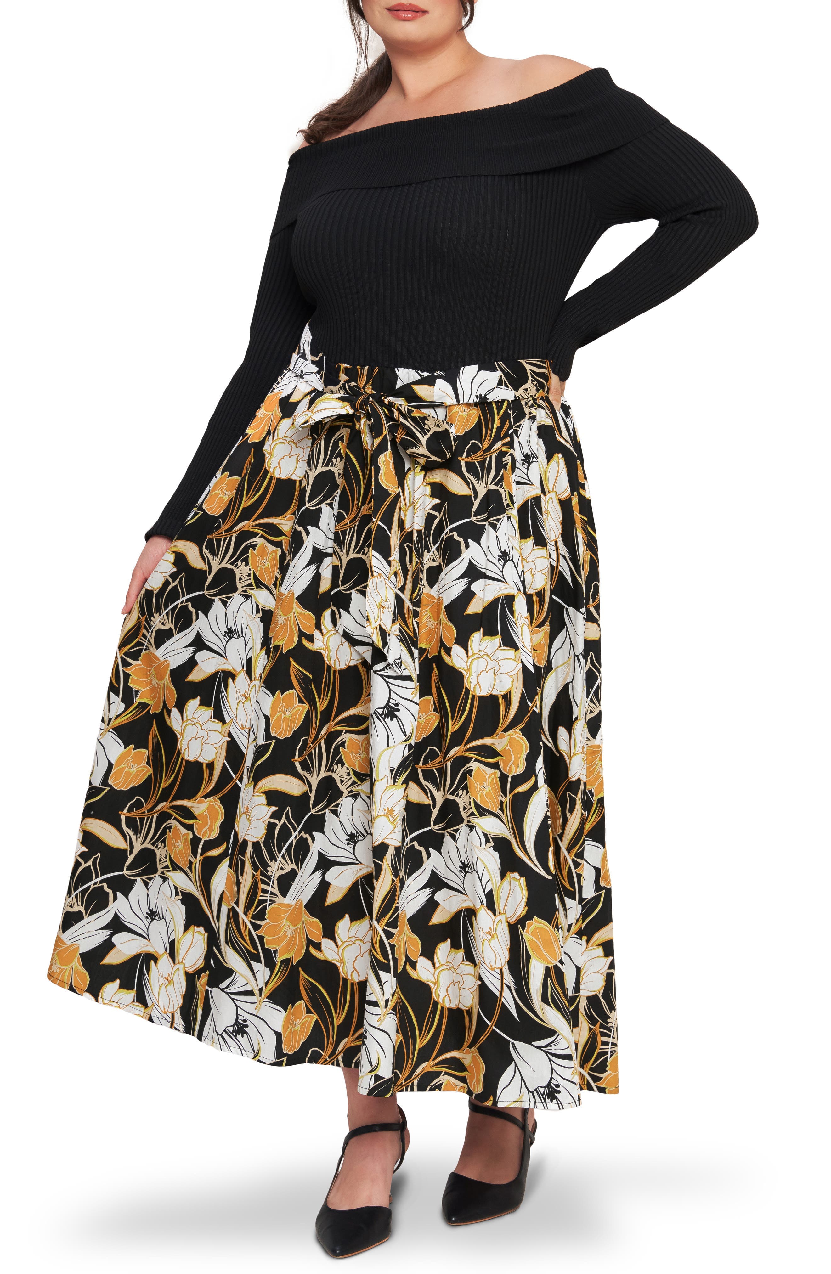 Off the Shoulder Long Sleeve Mixed Media Dress - image 1