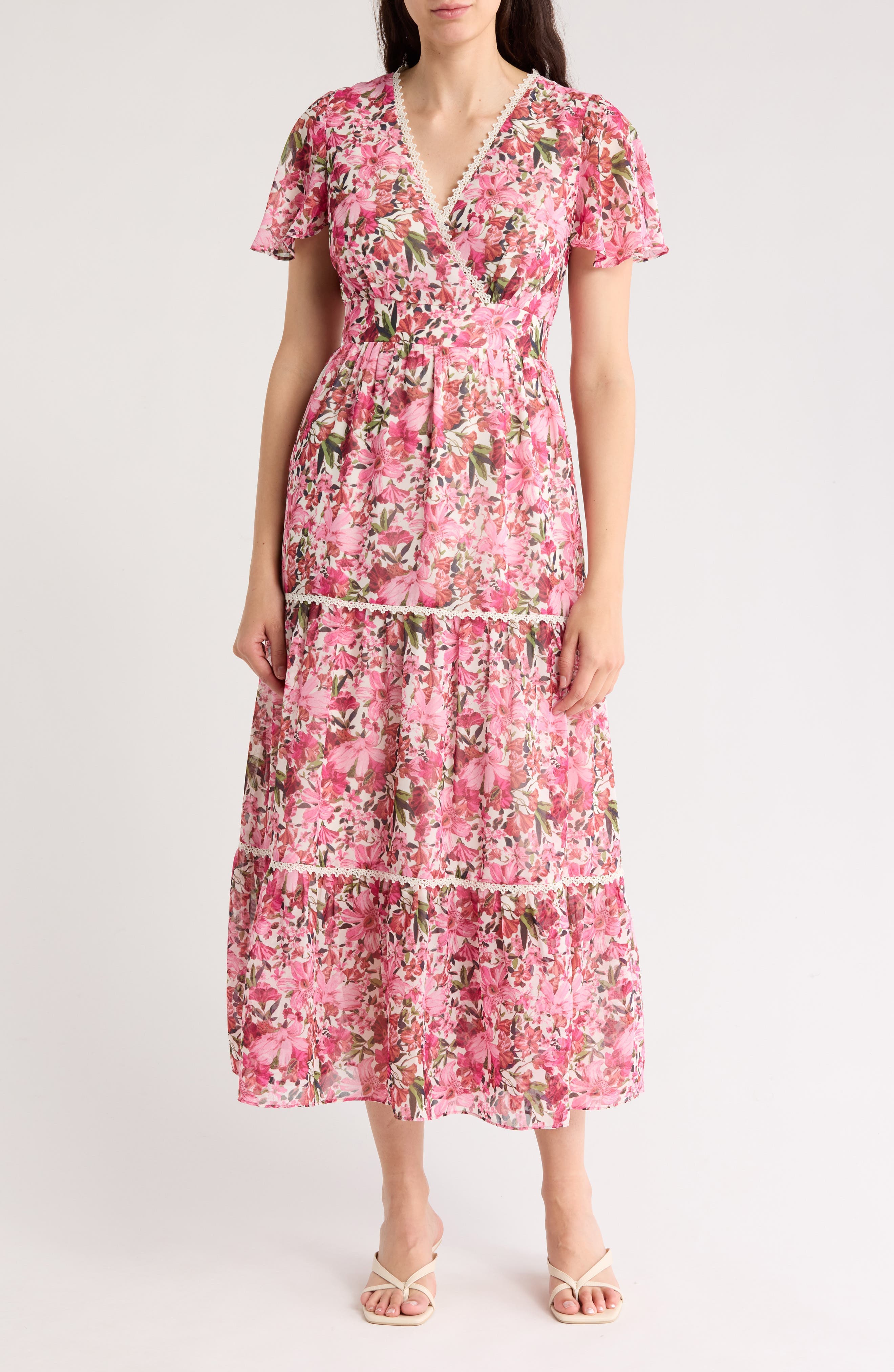 Floral Flutter Sleeve Tiered Maxi Dress - image 1