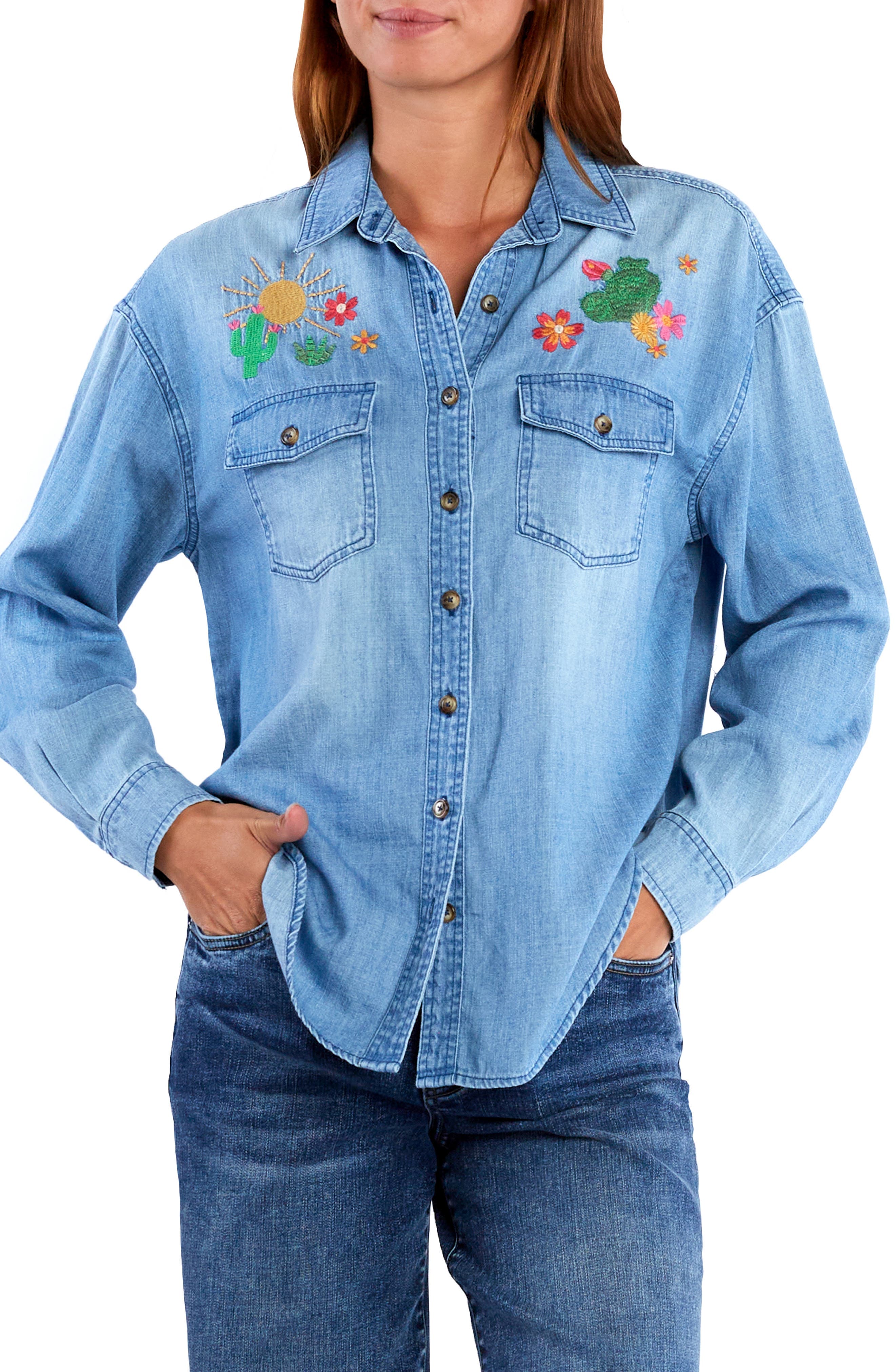 Wild Cactus Embrodiered Denim Button-Up Shirt - image 1