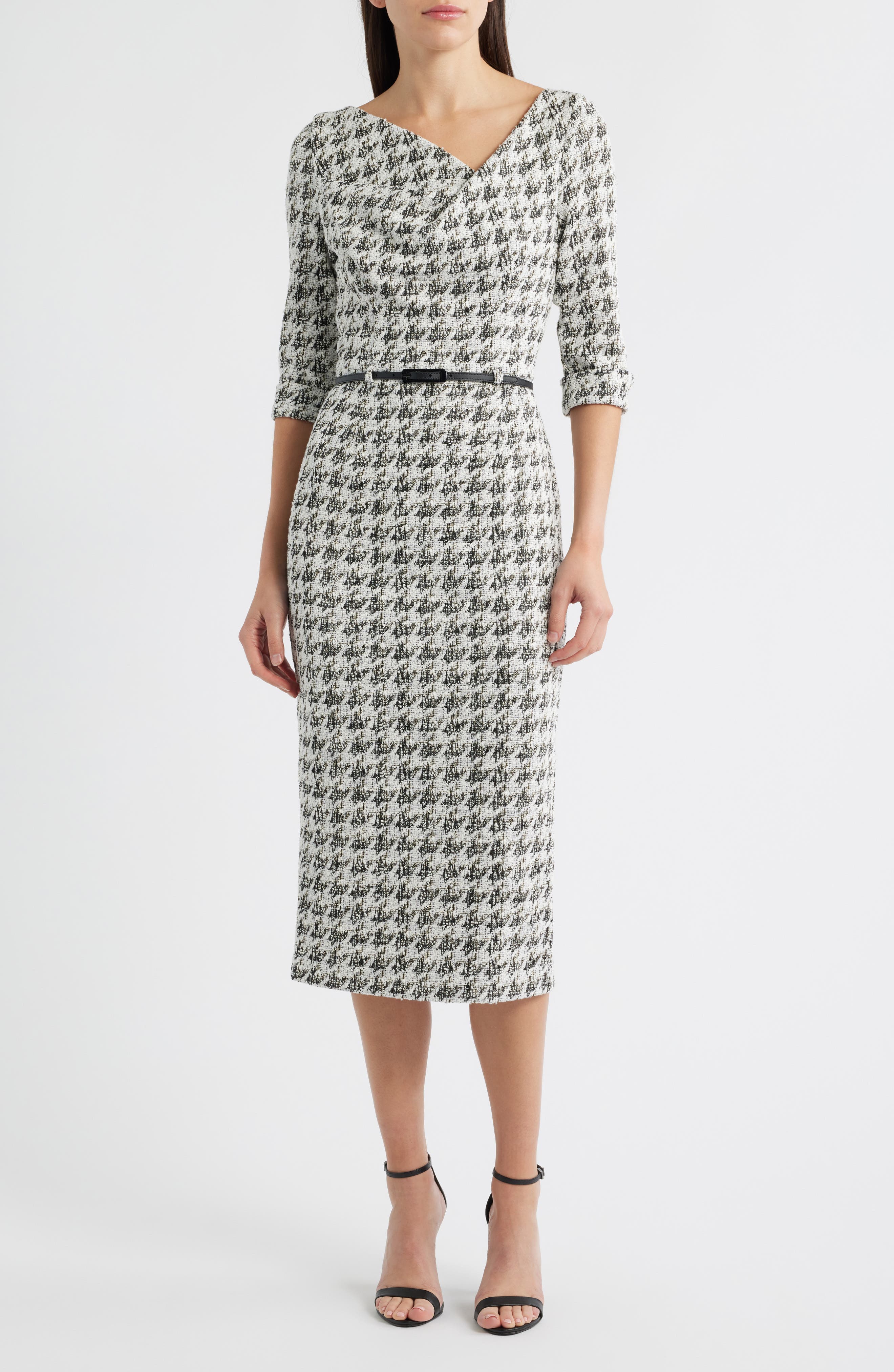 Jackie Houndstooth Cowl Neck Tweed Midi Dress - image 1