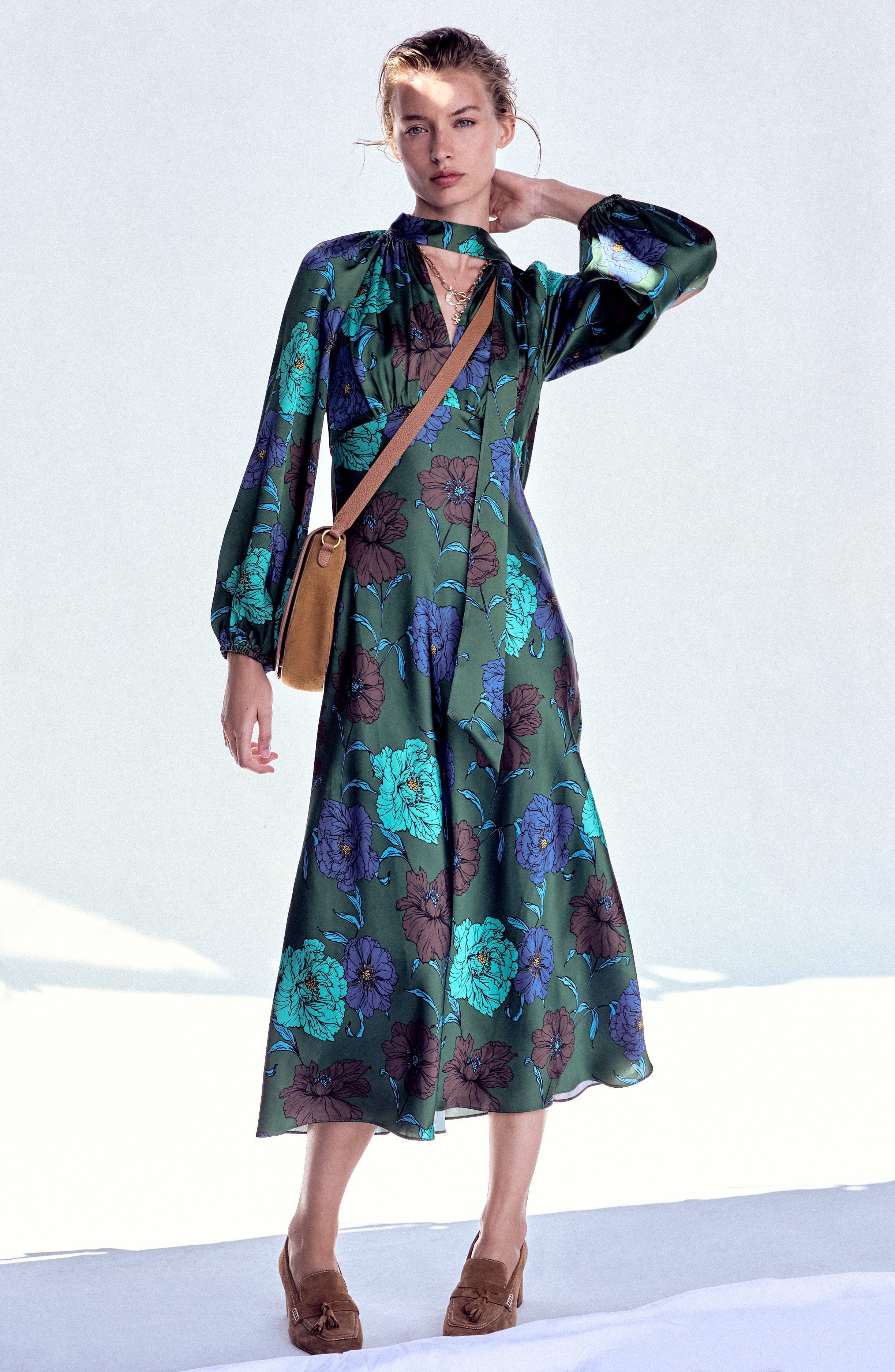 Tie Neck Long Sleeve Satin Midi Dress - image 1