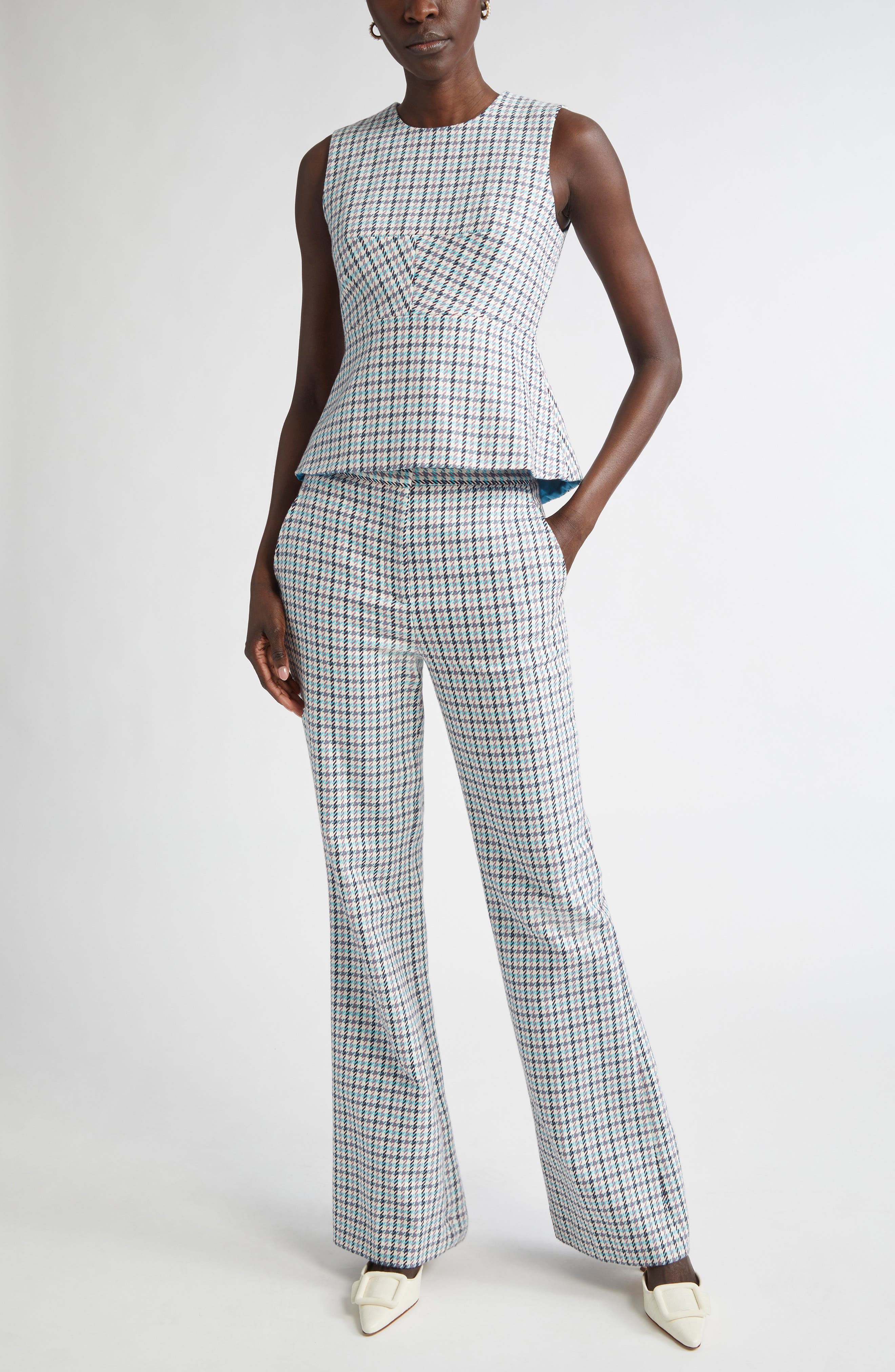 Houndstooth Stretch Cotton Flare Leg Pants - image 2