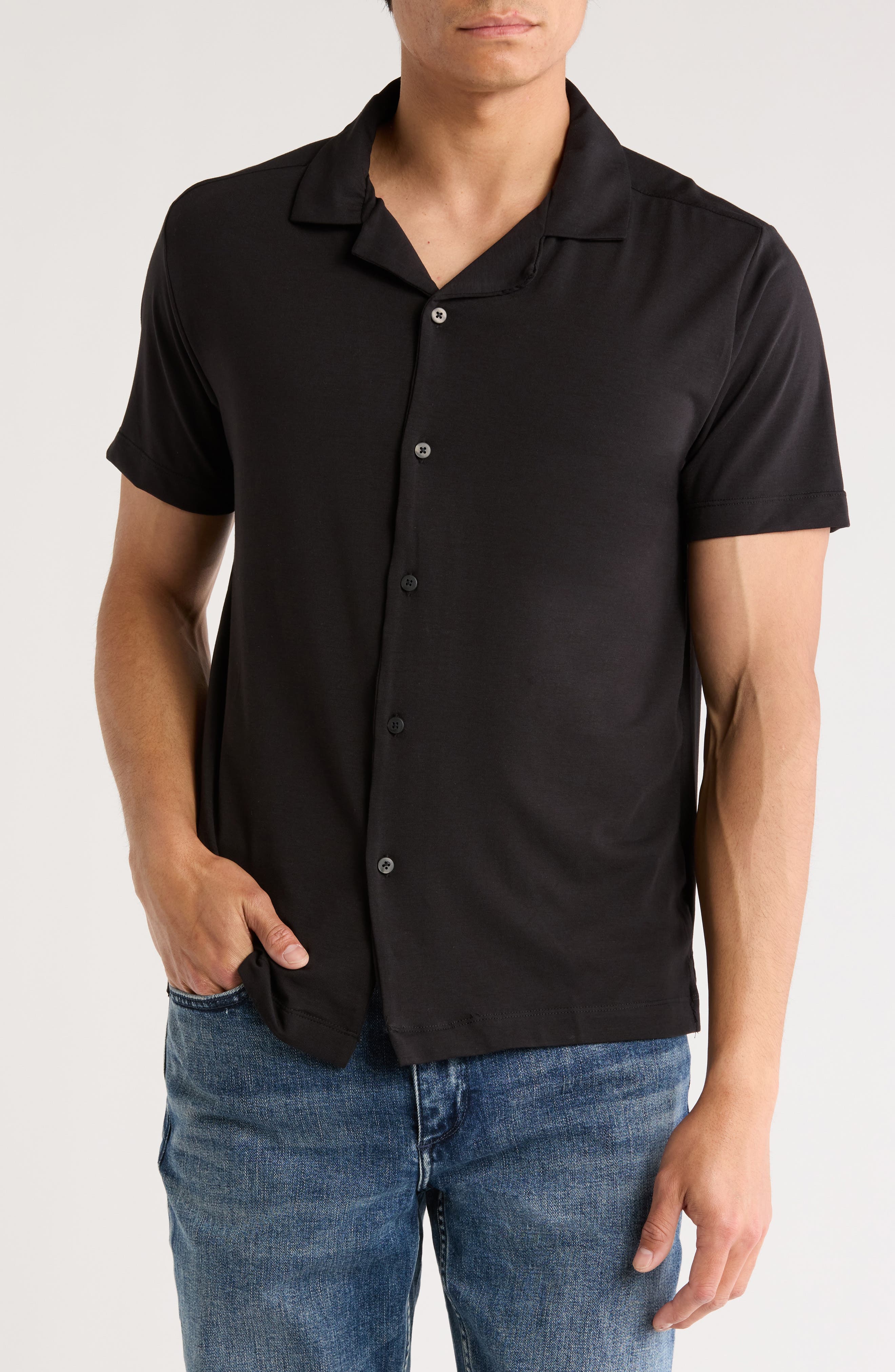 Solid Black Knit Camp Shirt - image 1