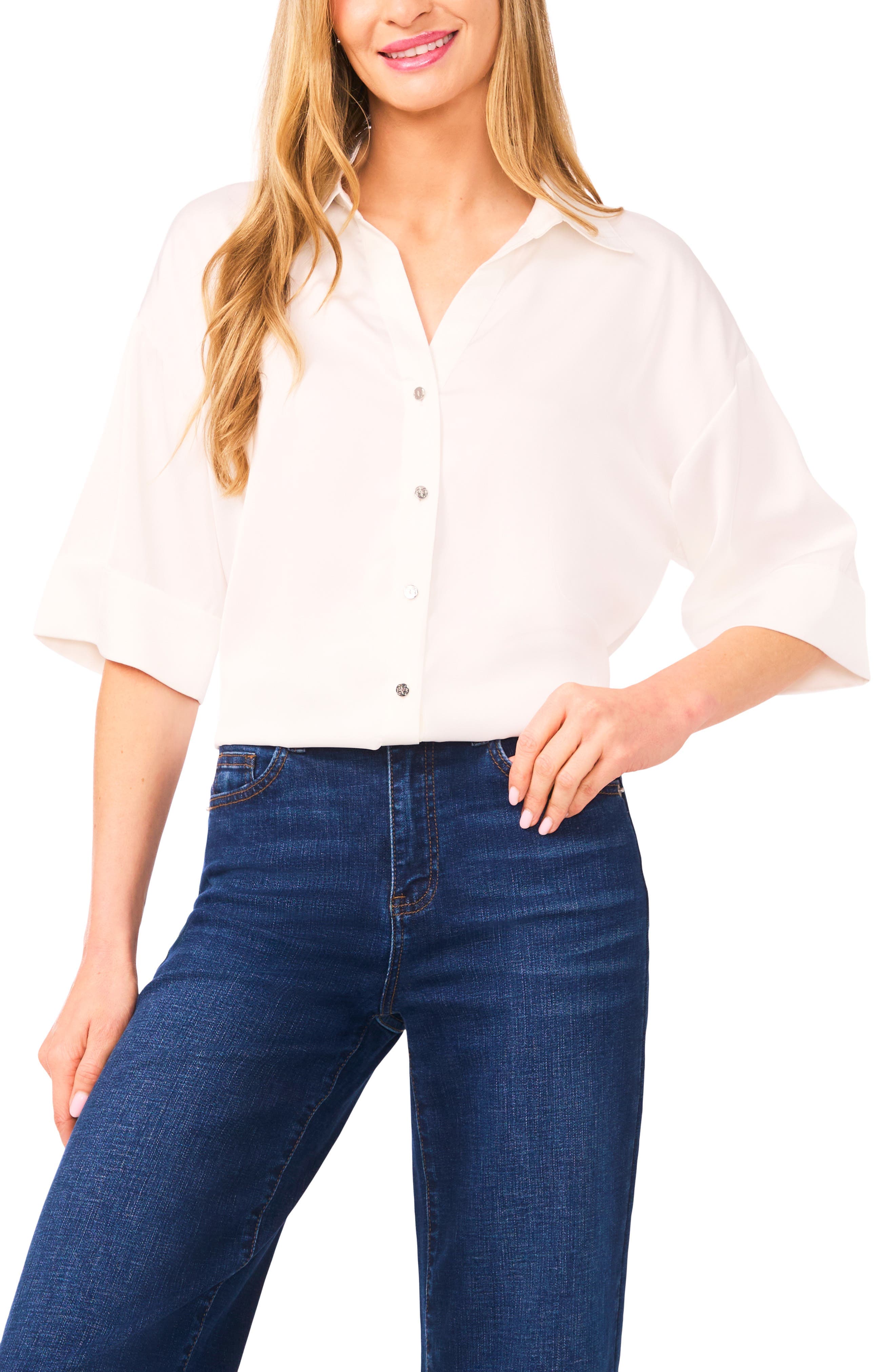 Three-Quarter Sleeve Satin Button-Up Shirt - image 1
