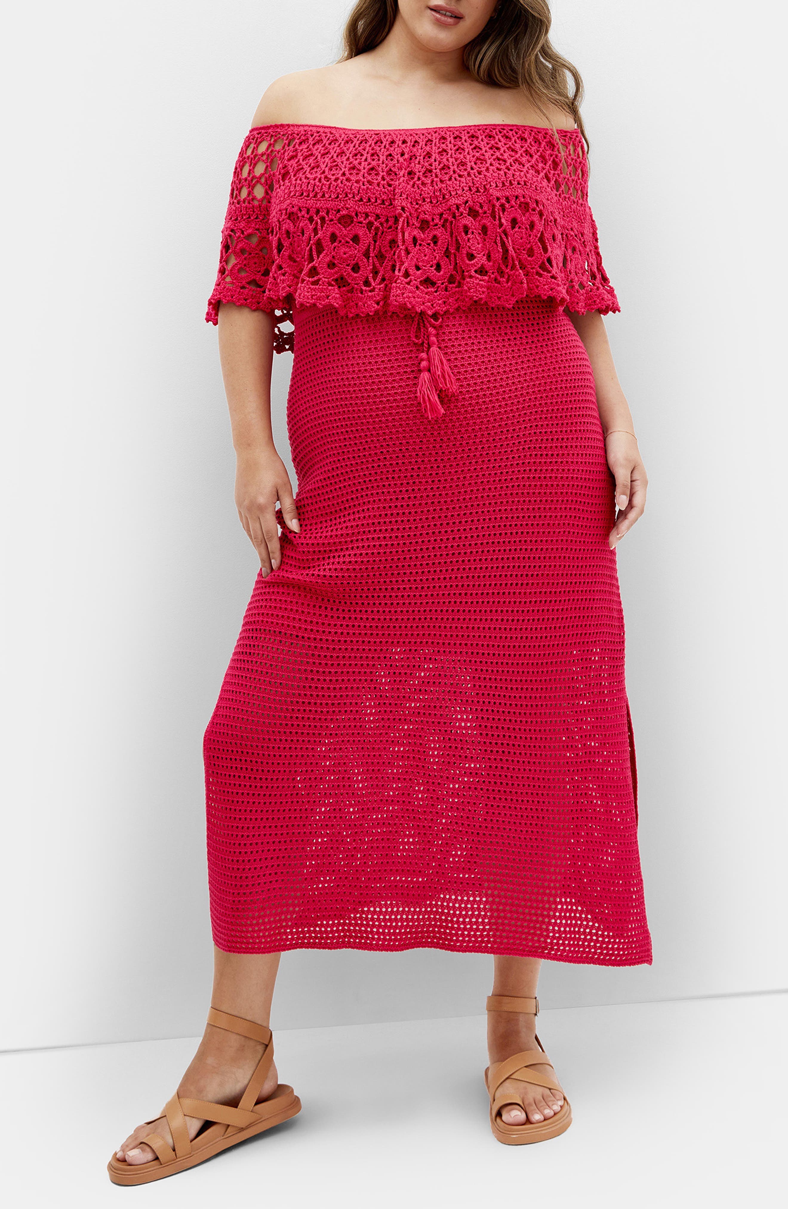 Callie Open Stitch Tie Waist Off the Shoulder Maxi Dress - image 1
