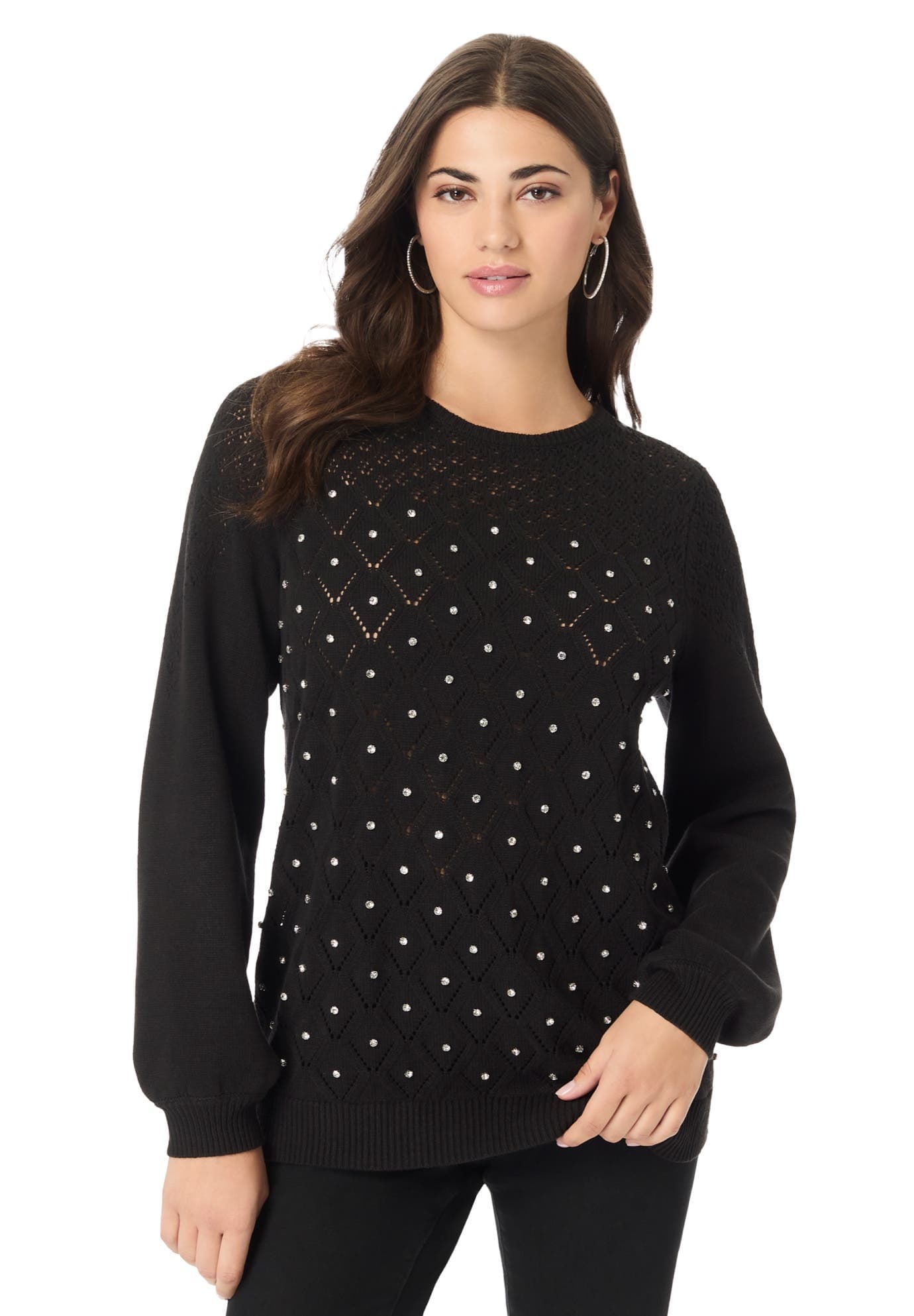 Rhinestone Pointelle Knit Sweater - image 1