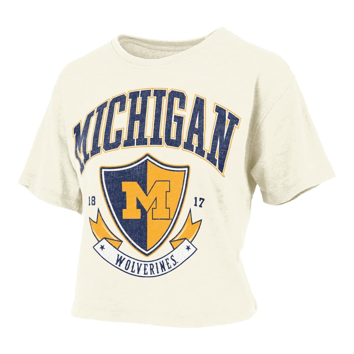 Women's Pressbox Cream Michigan Wolverines Buckler Vintage Cropped T-Shirt - image 2