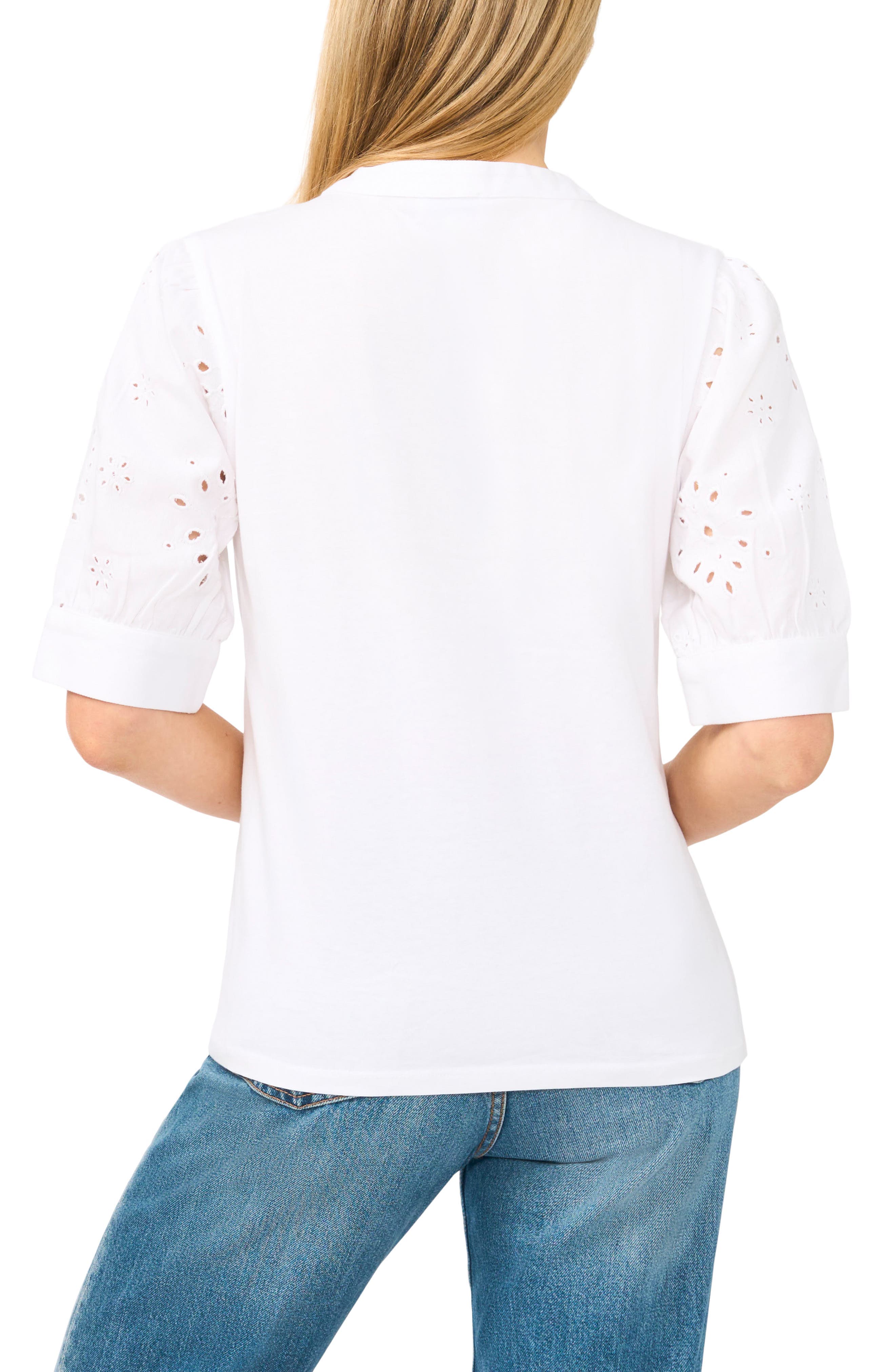 Puff Sleeve Mixed Media Cotton Top - image 4