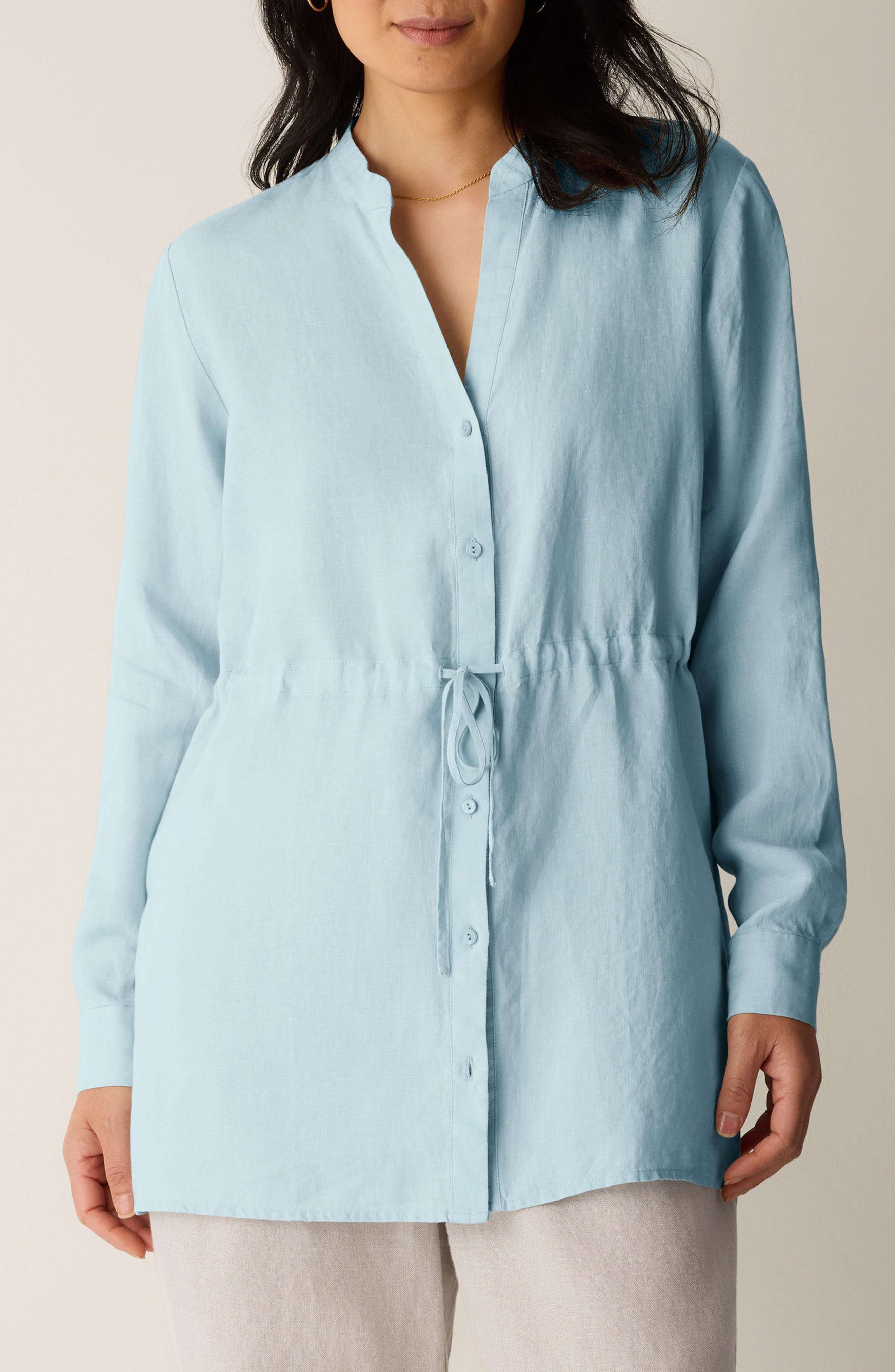 Split Neck Organic Linen Long Drawstring Shirt - image 3