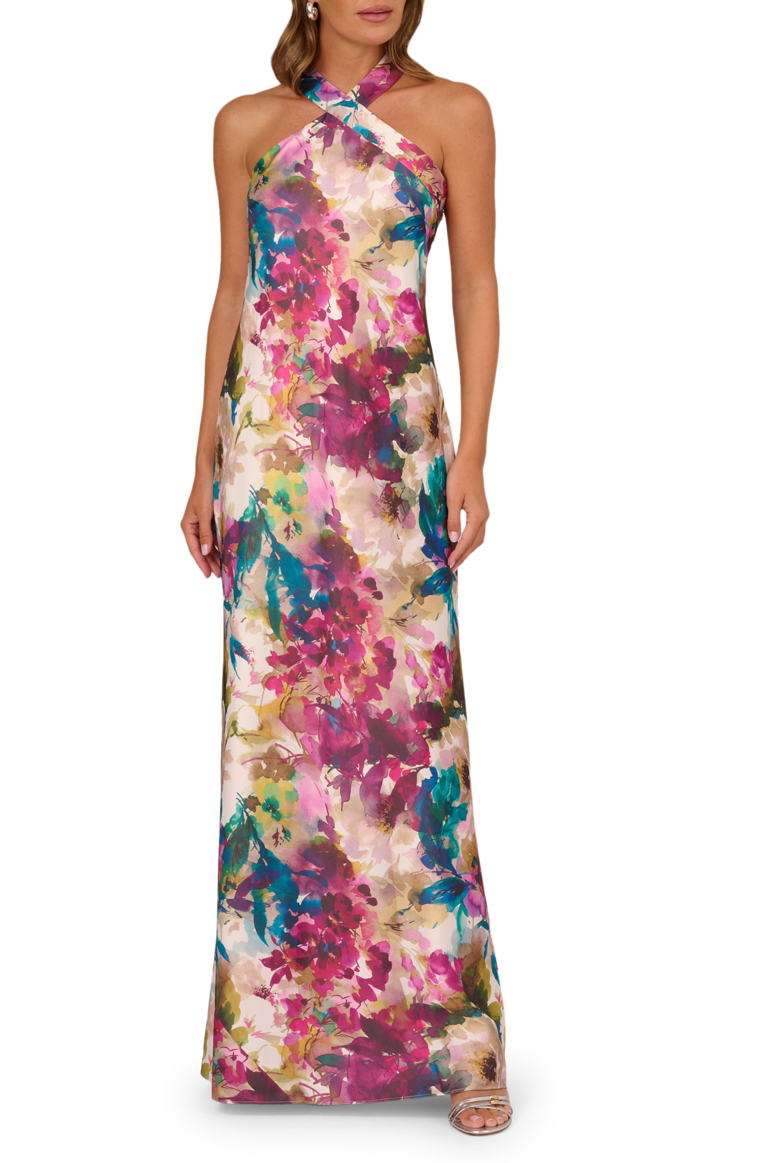 Floral Print Sleeveless Satin Gown - image 1