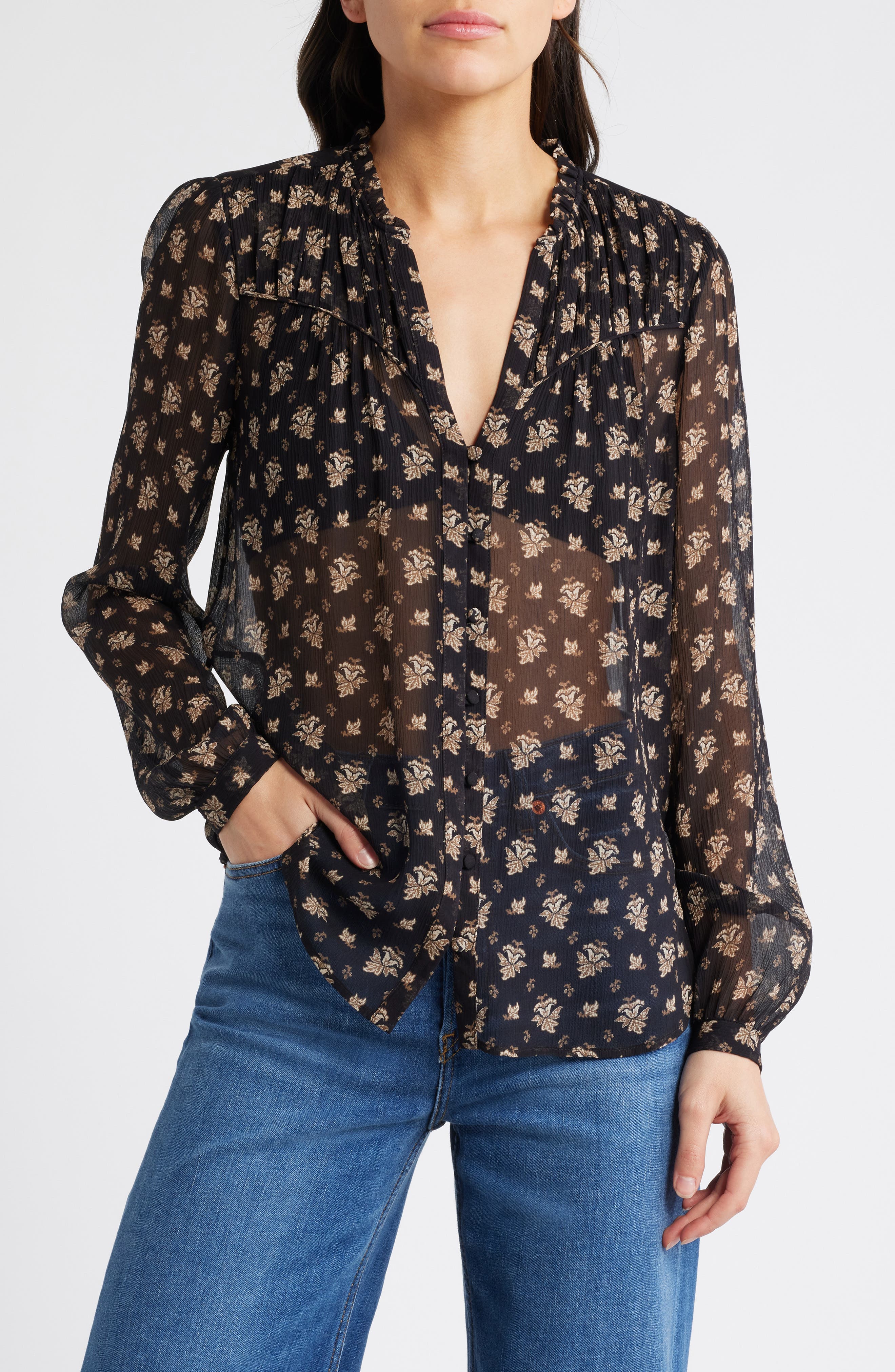 Monika Leaf Print Silk Button-Up Shirt - image 1