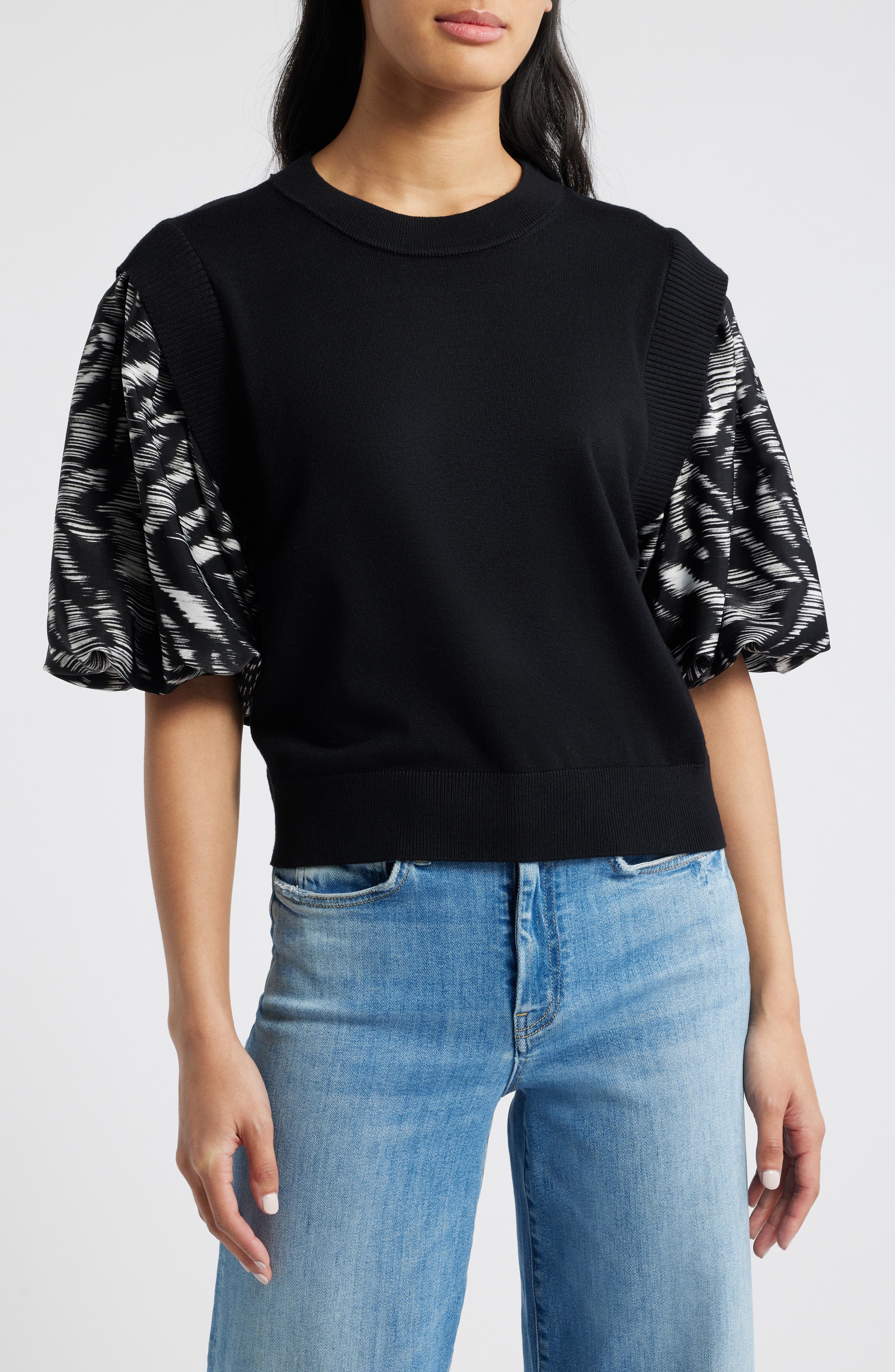 Print Sleeve Mixed Media Sweater - image 1