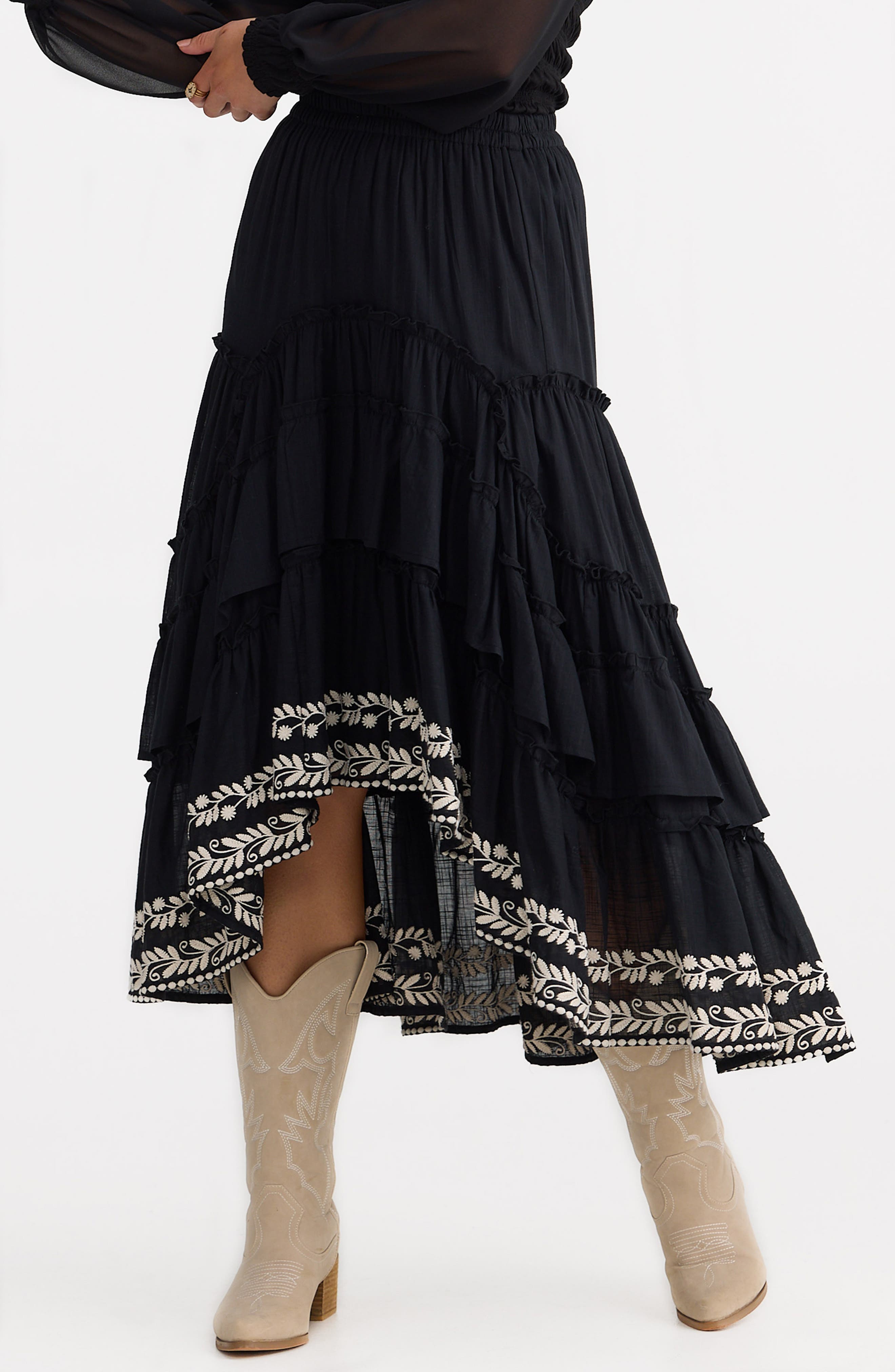 Sassy Tiered Ruffle Embroidered High-Low Skirt - image 1