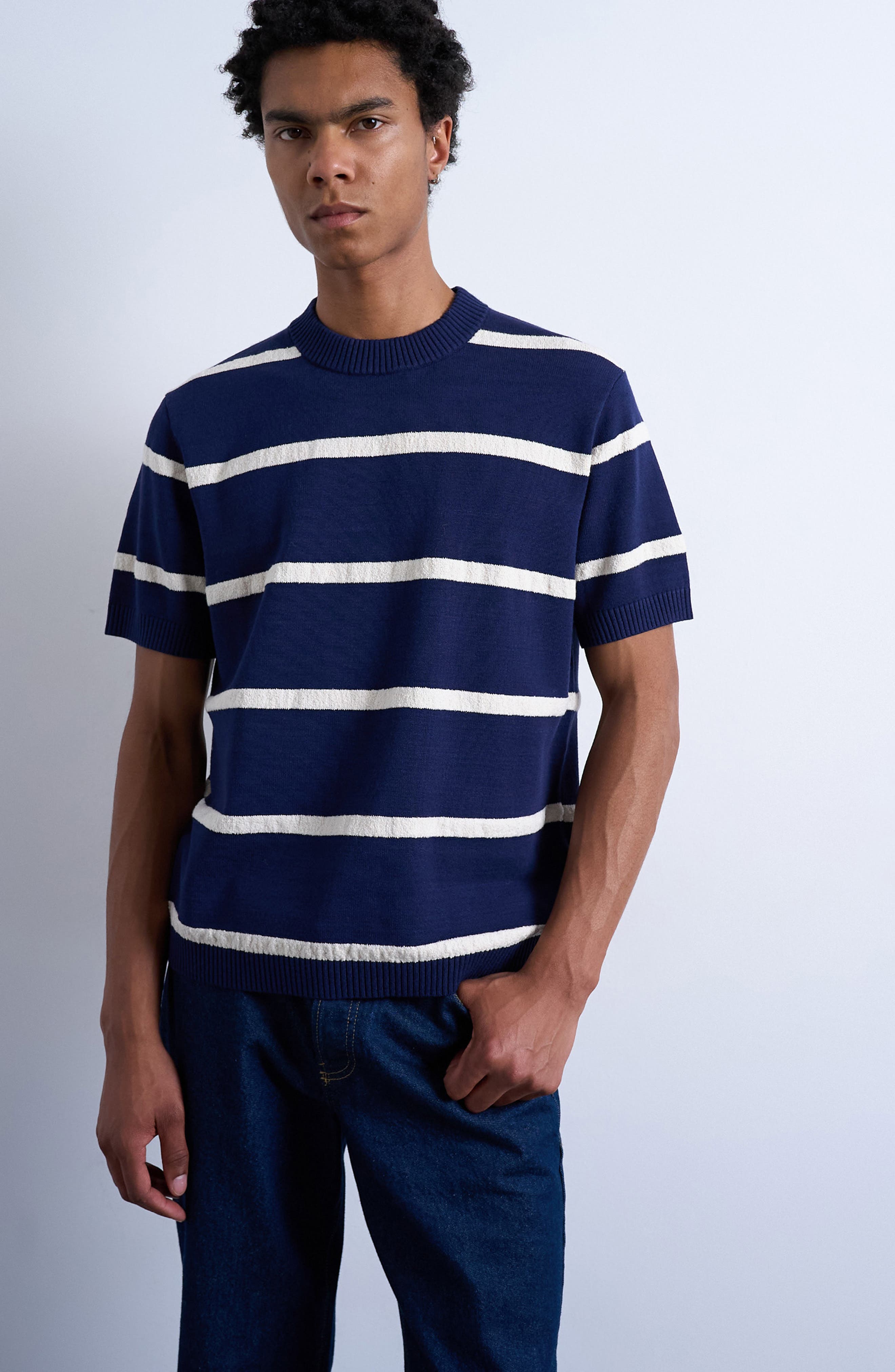 Textured Stripe Short Sleeve Crewneck Sweater - image 1