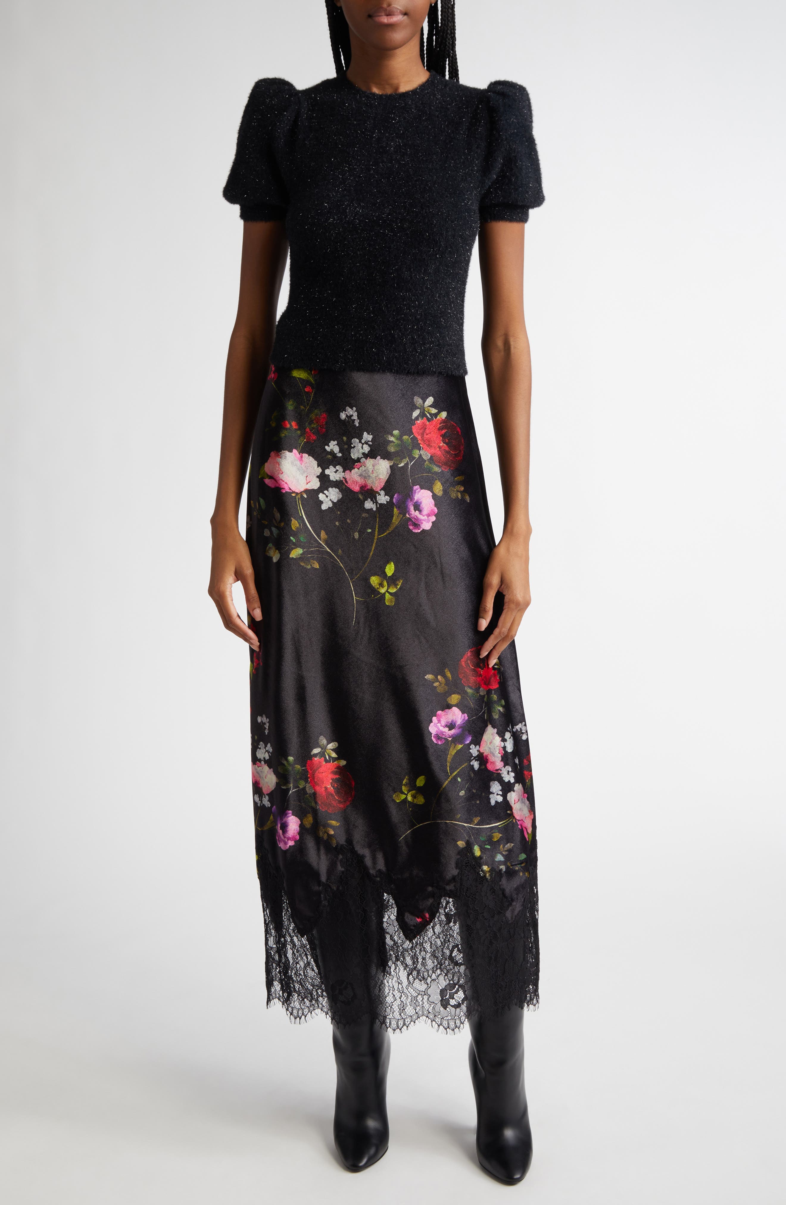 Mauve Floral Lace Trim Velvet Slip Skirt - image 2