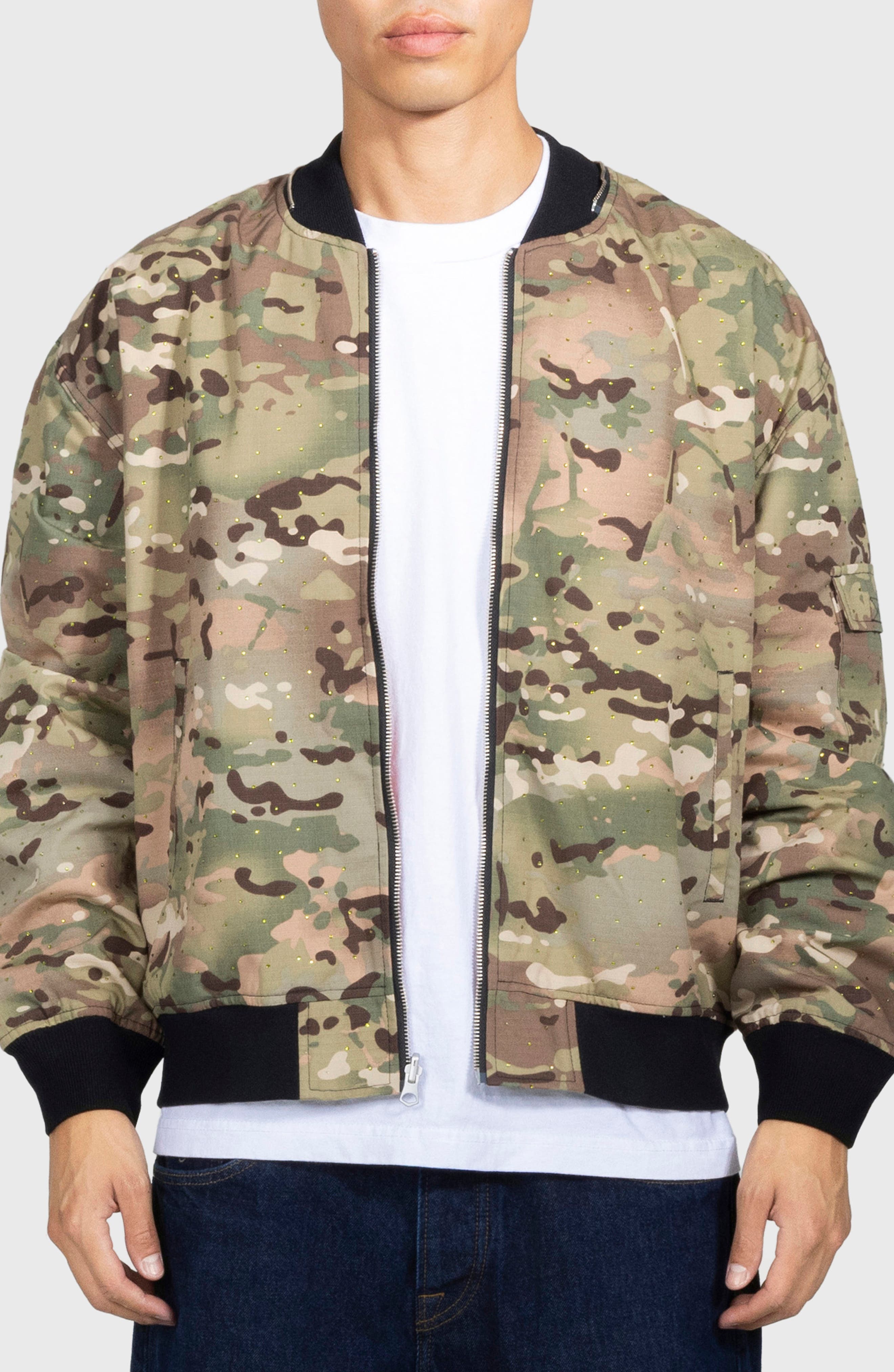 Rhinestone Embellished Camo Print Cotton Bomber Jacket - image 1