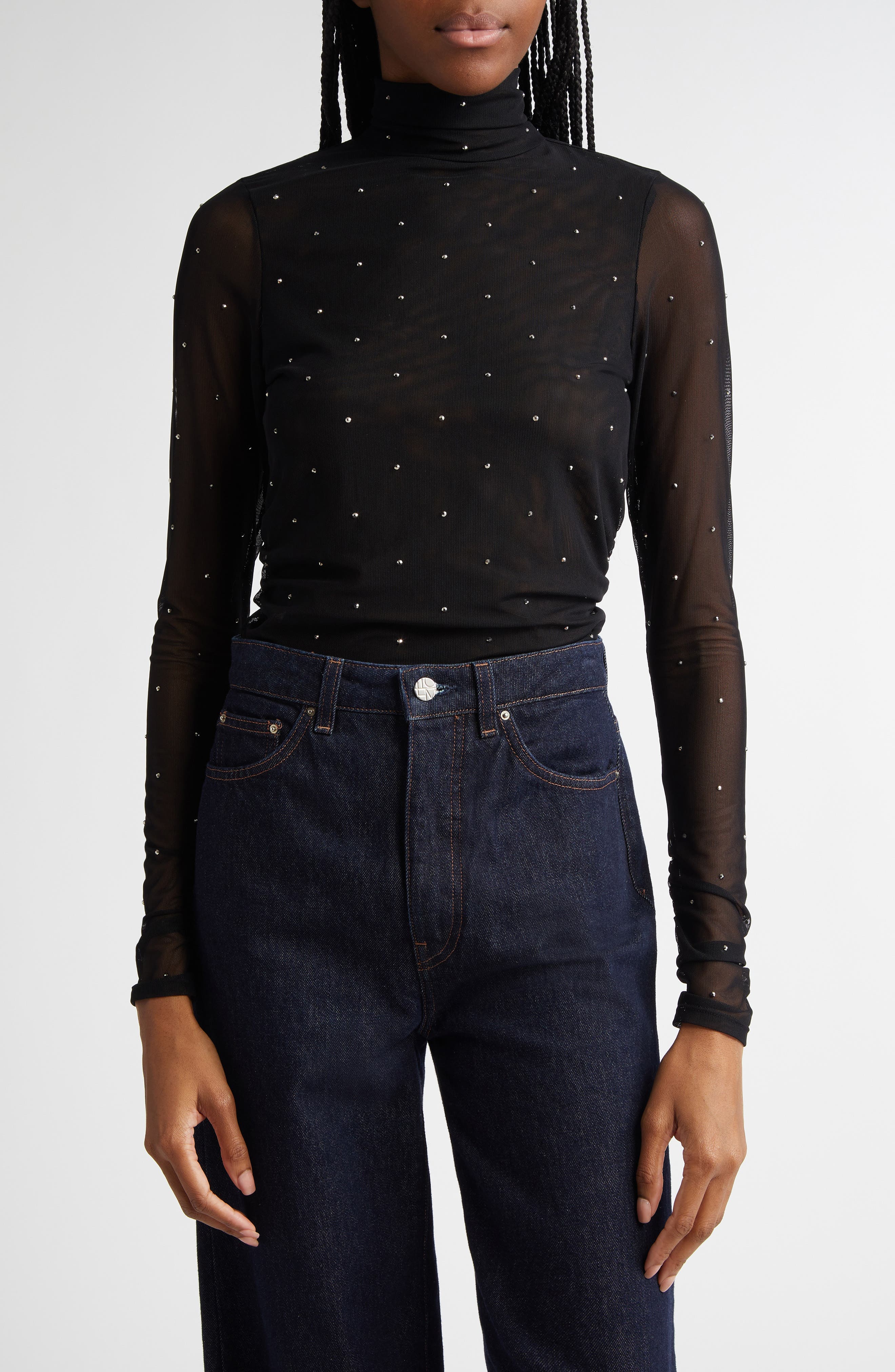 Embellished Mesh Turtleneck Top - image 1