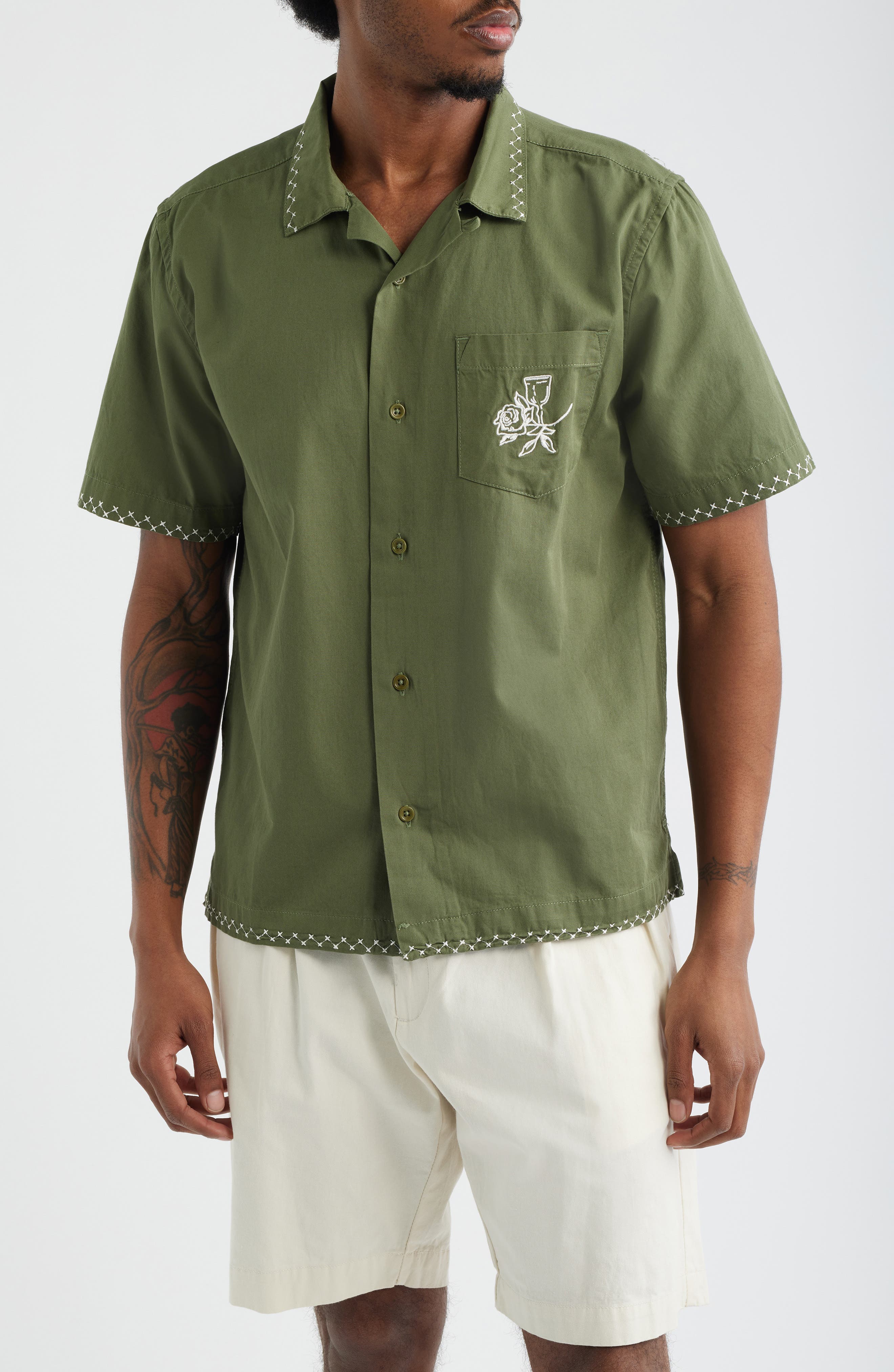Border Embroidered Short Sleeve Button-Up Shirt - image 1