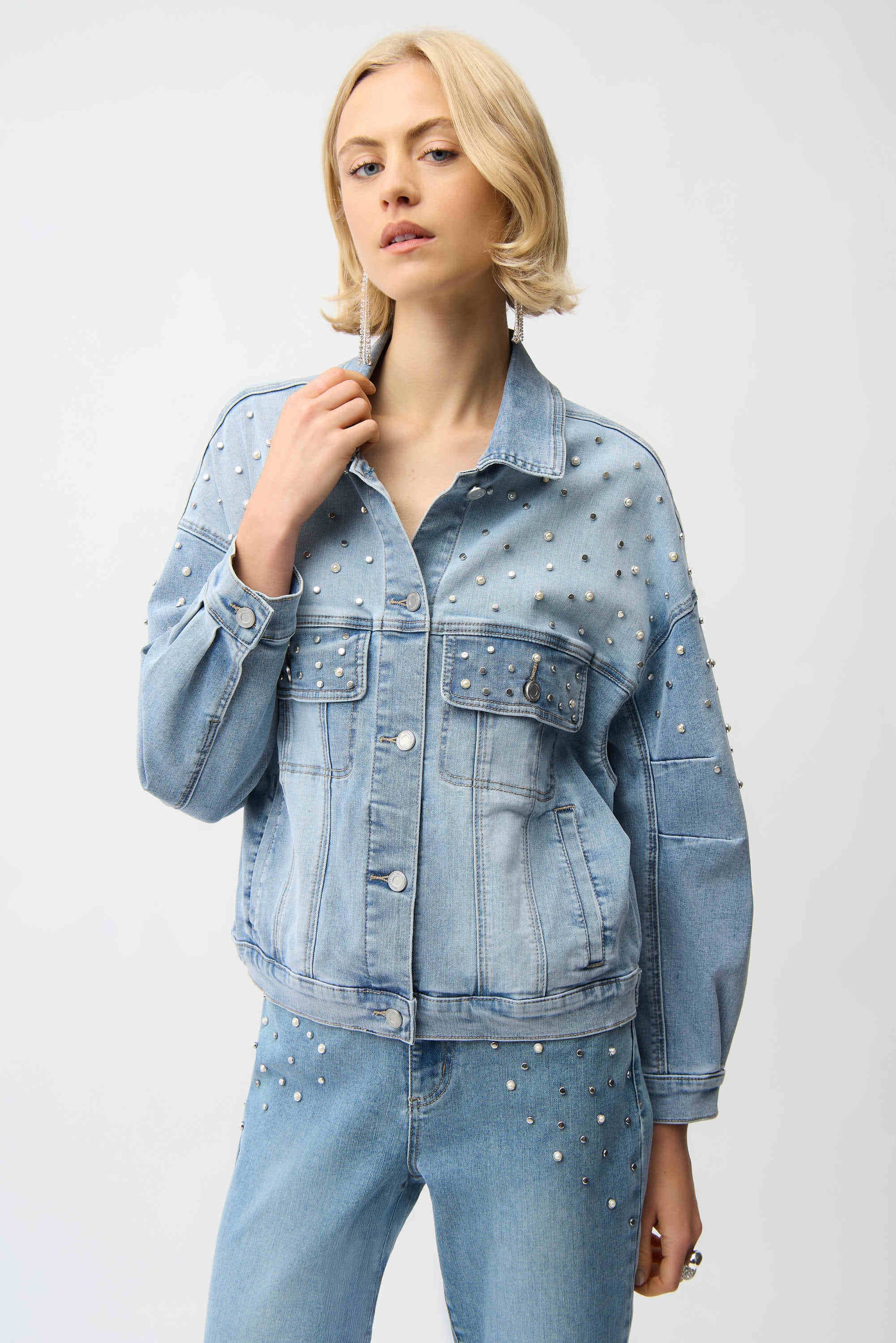 Denim Oversized Jacket With Pearls and Studs - image 1