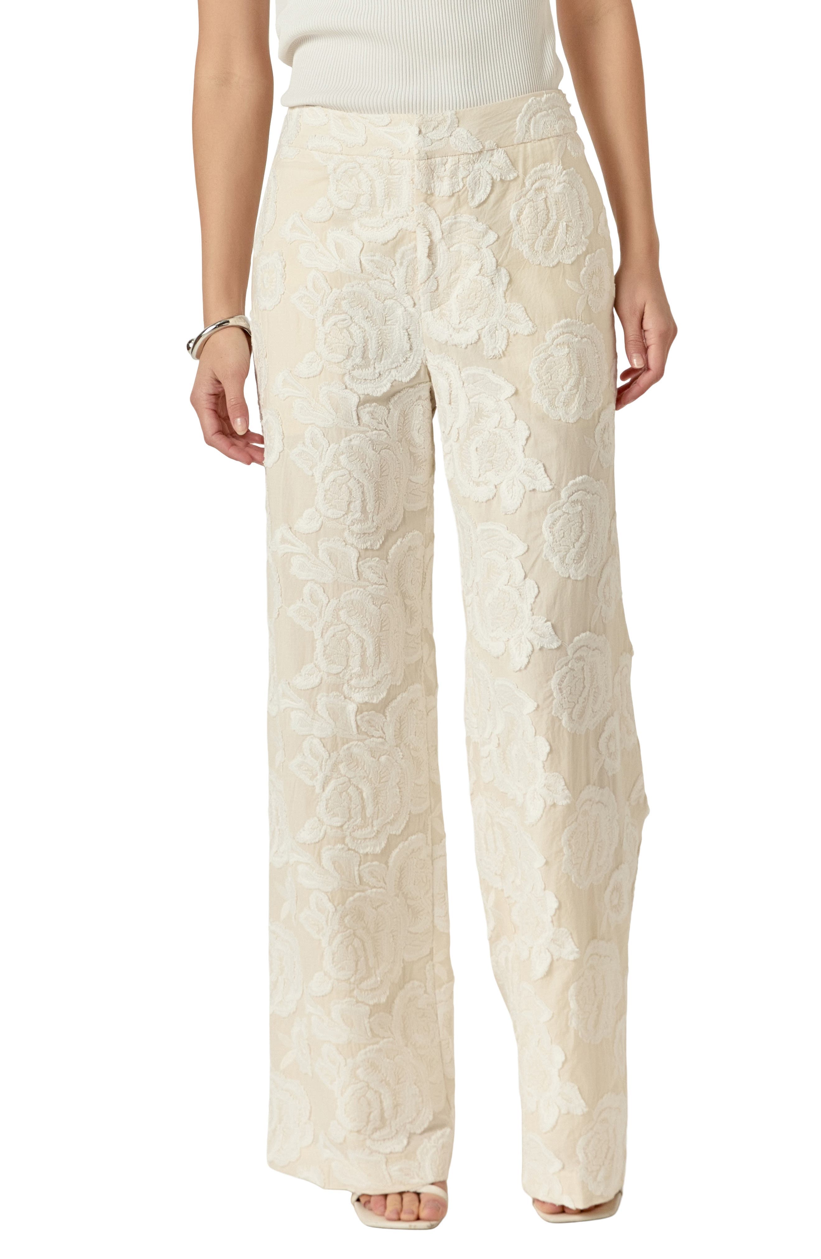 Floral Embroidered Wide Leg Cotton Pants - image 1